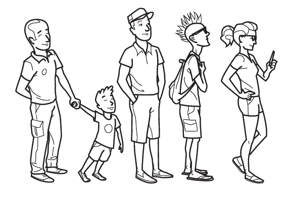 illustration of five people waiting in line by Charles Layton