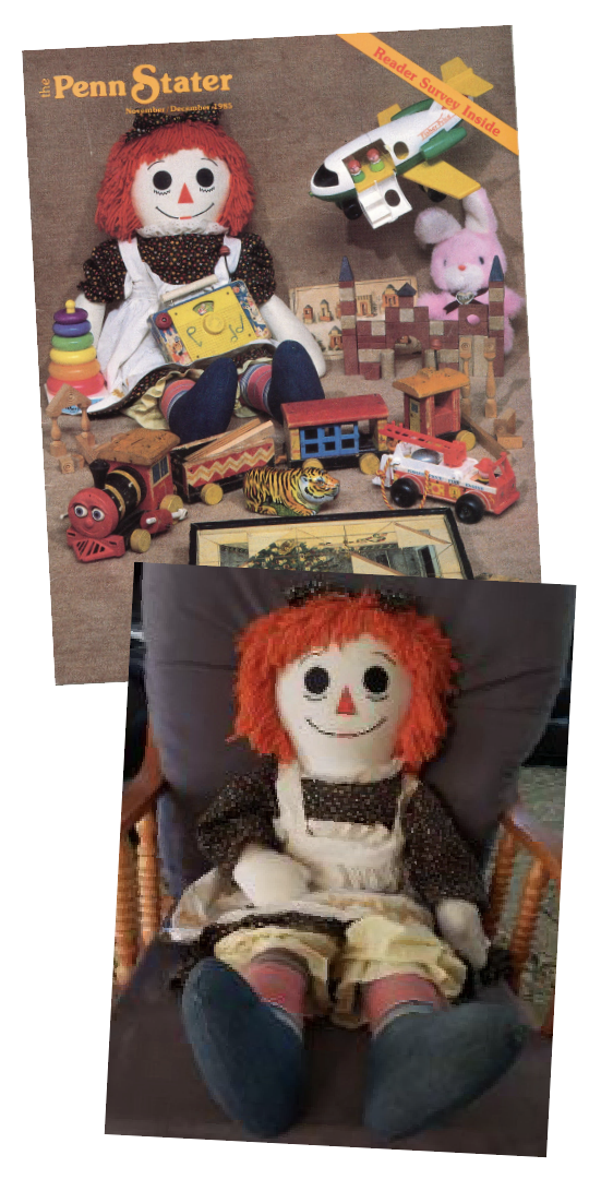 cover of 1985 issue featuring Raggedy Ann doll above photo of the doll submitted by owner