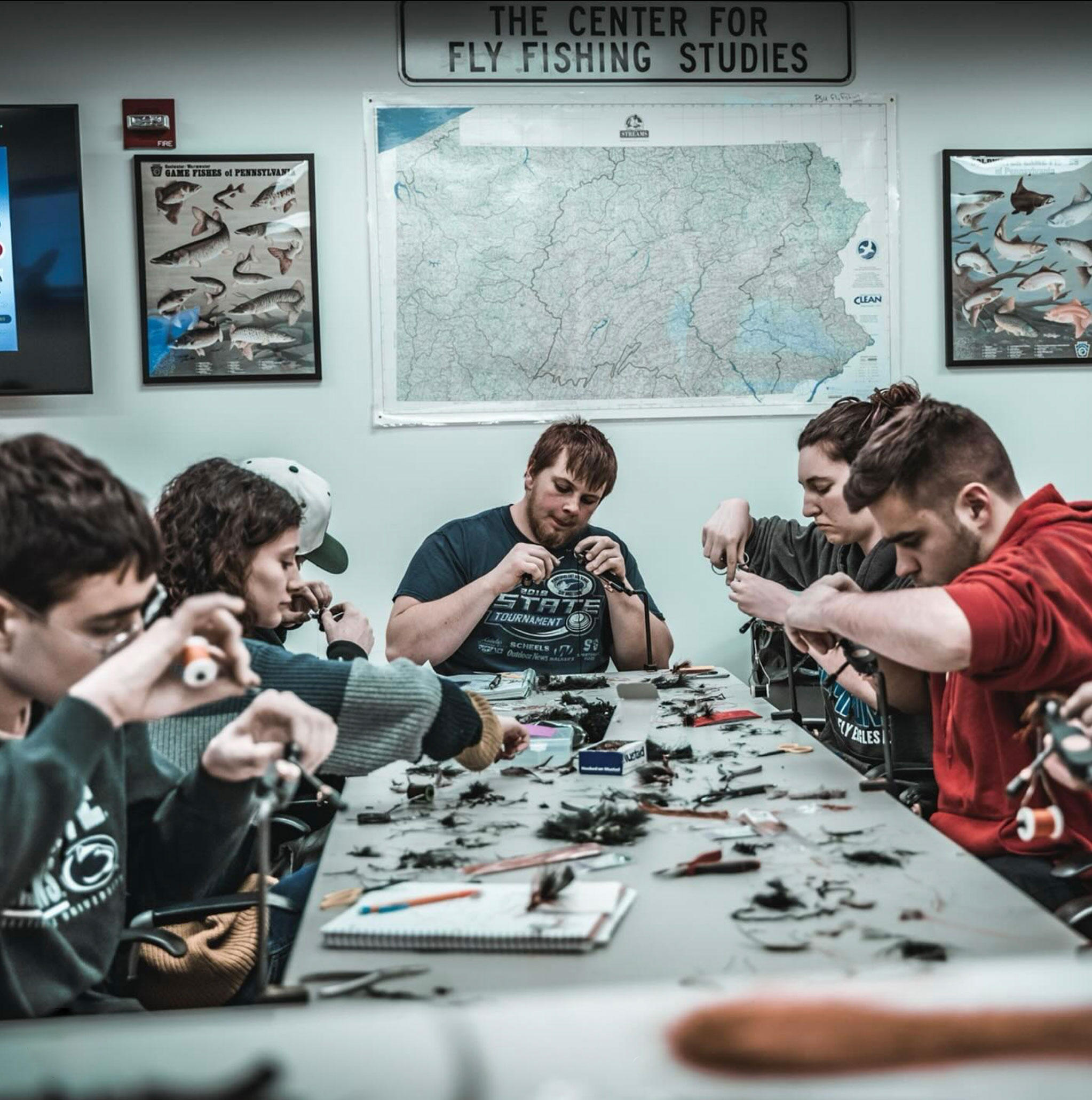 students tying flies, courtesy George Daniel