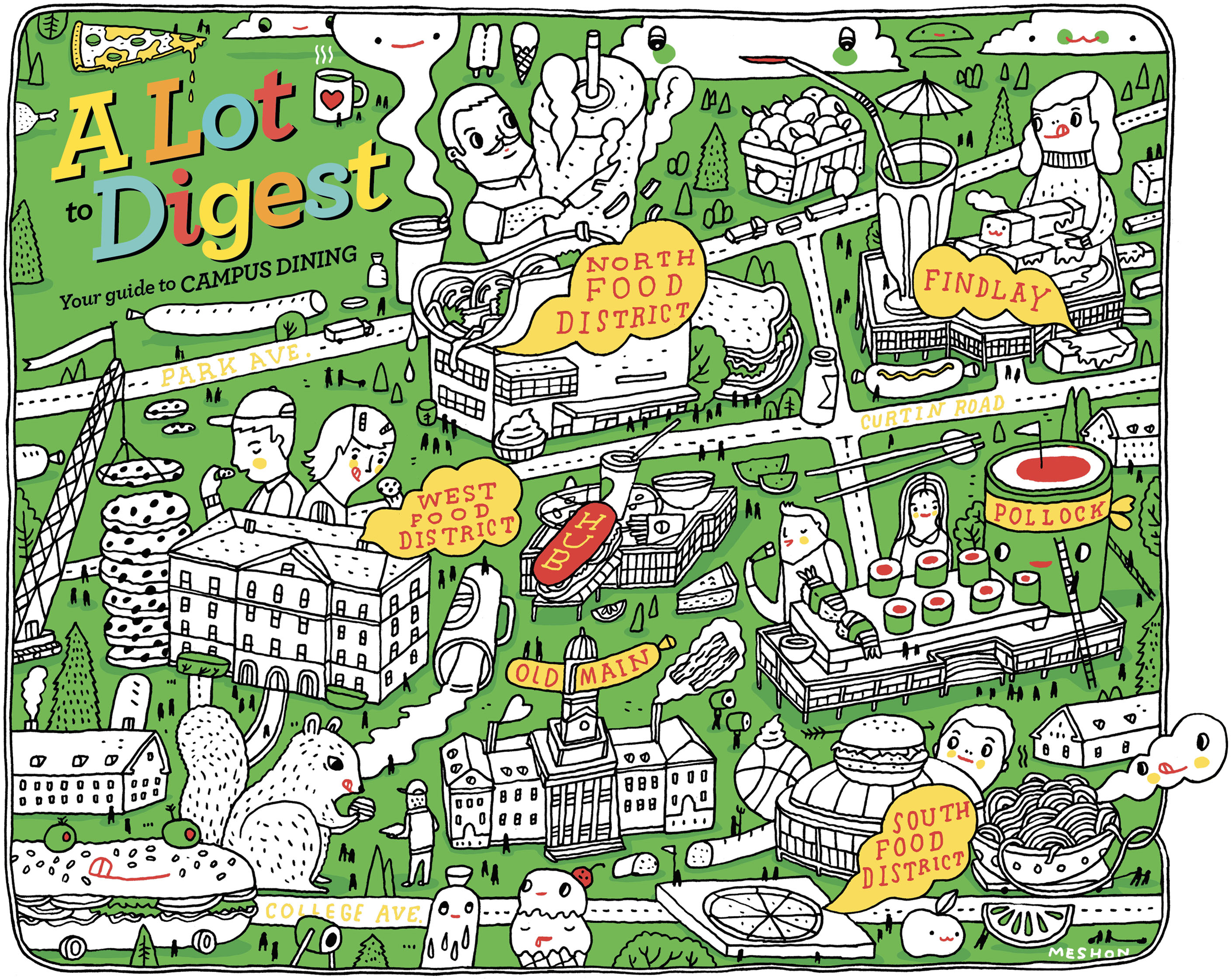 illustrated map of campus dining spots by Aaron Meshon