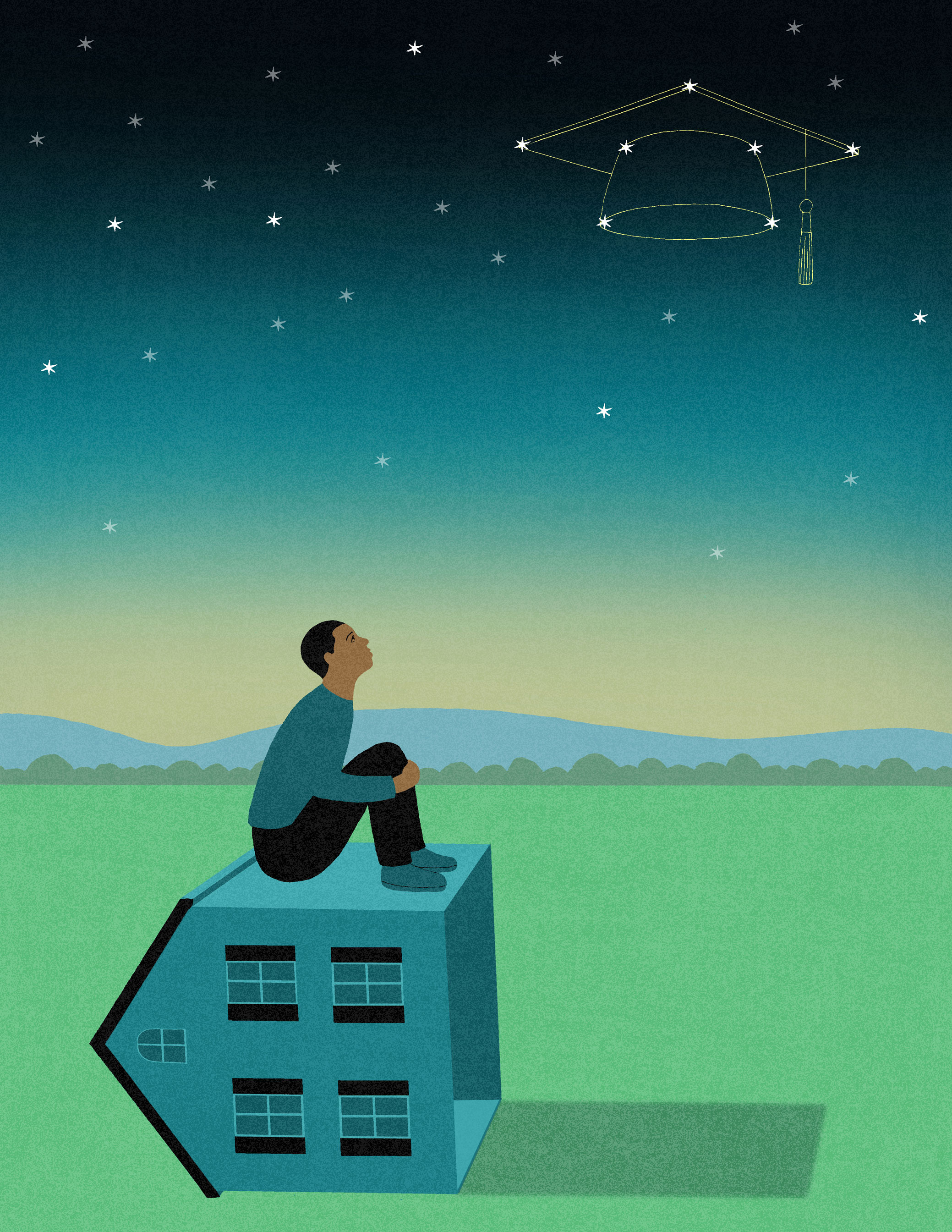 illustration of a student sitting on a tipped over house gazing at stars forming a constellation of a graduation cap by James Steinberg