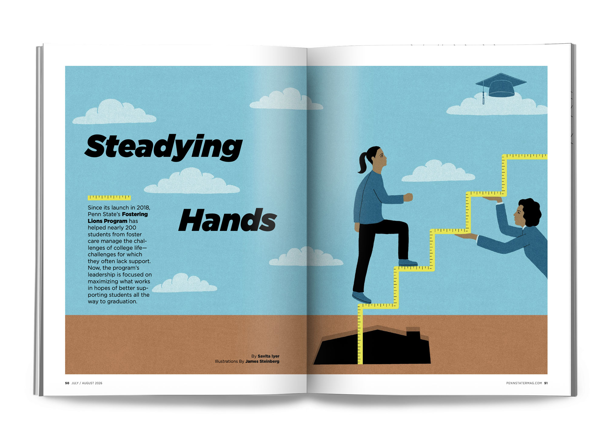 Steadying Lions two-page spread from July/Aug '26 issue, illustration by James Steinberg