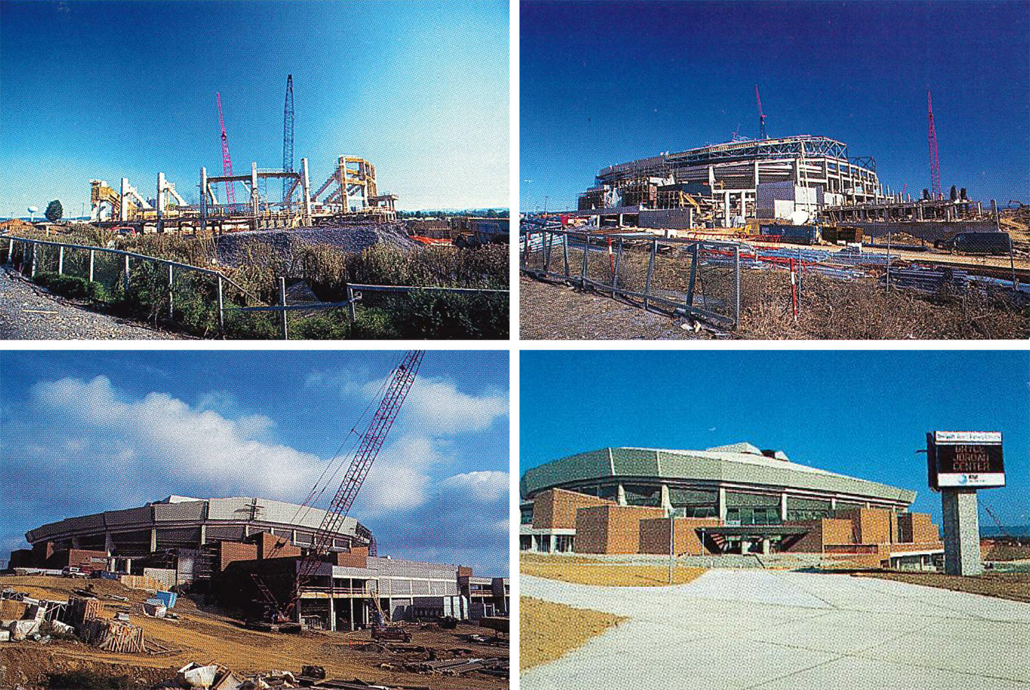 four photos of the construction of the Bryce Jordan Center by Greg Greico and Scott Elmquist