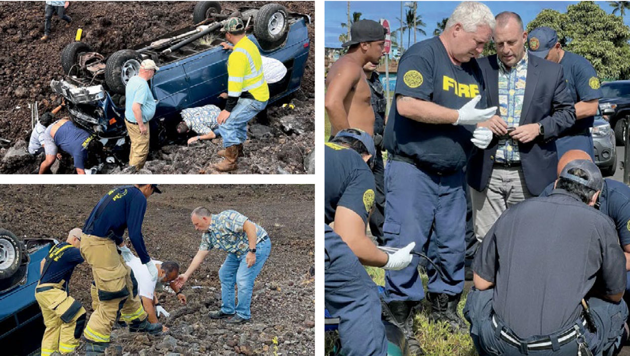 collage of three photos of Josh Green providing medical care at accident sites, courtesy