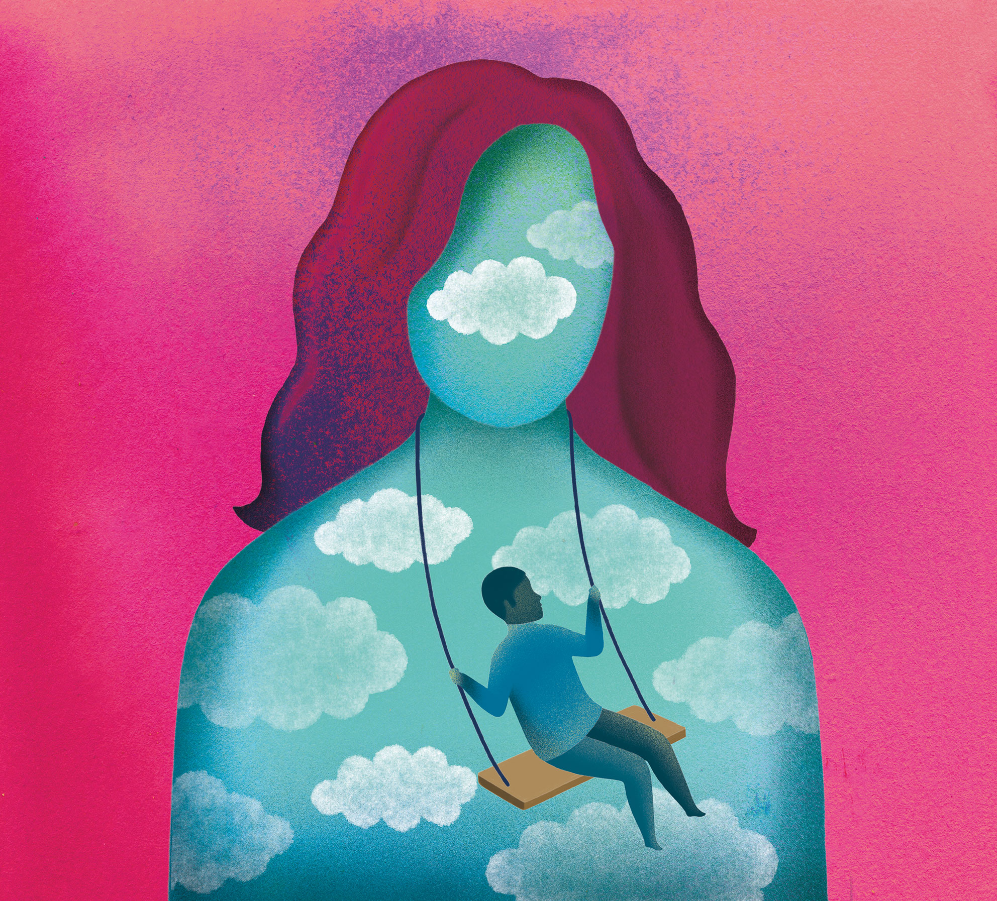 illustration of a female silhouette with blue skies and clouds for body and a child swinging by Anna Godeassi