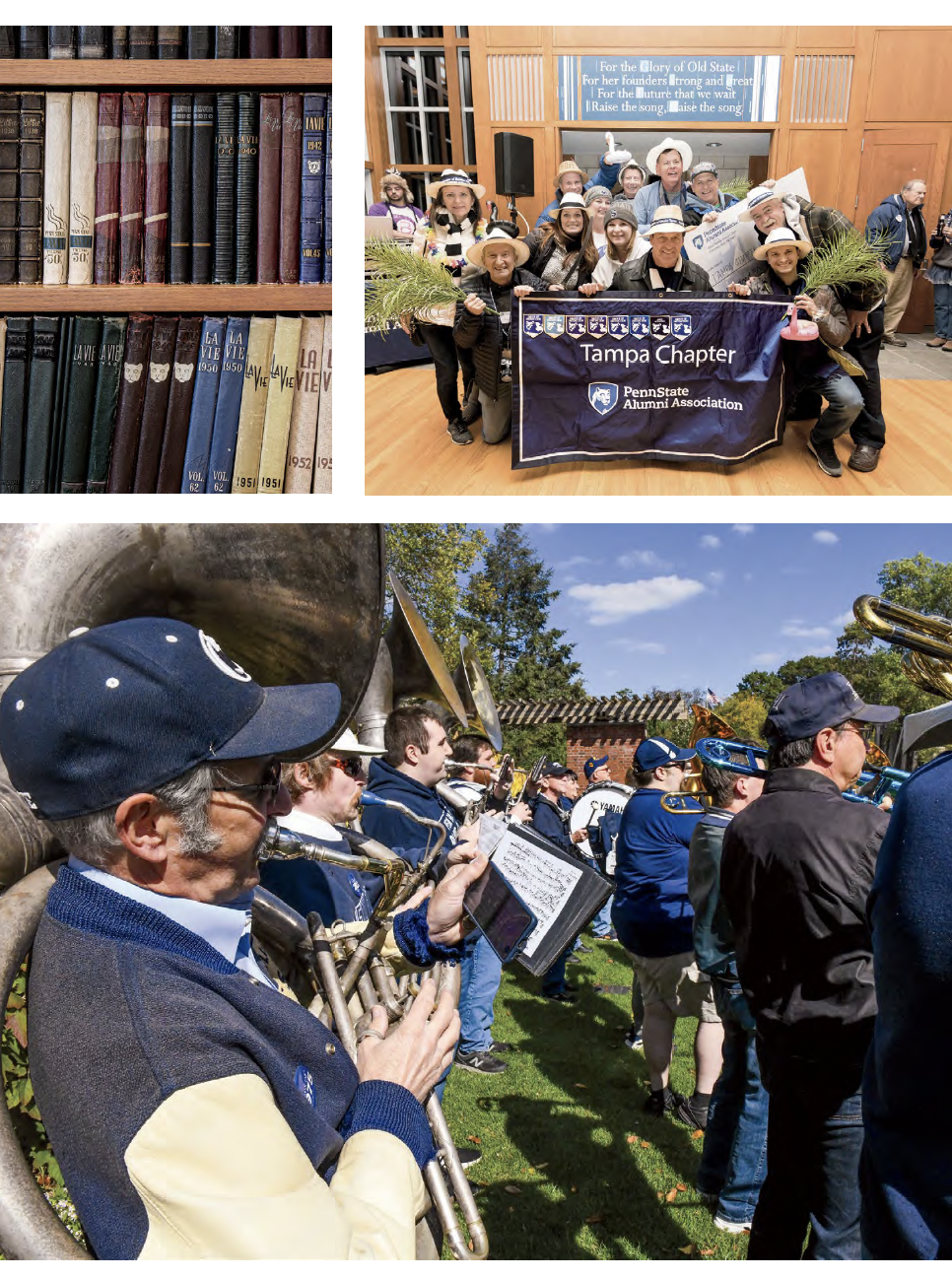 three photos, one a closeup of books on shelves at Robb Hall, one of the Tampa Bay Chapter members in Robb Hall, and one of the Blue Band playing on the Hintz lawn, all by Penn State Alumni Association