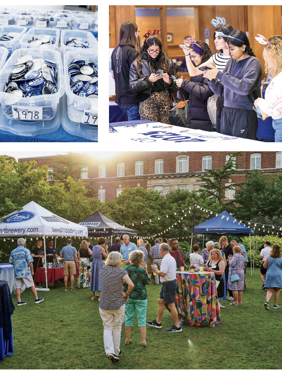 three photos, one a closeup of bins of alumni grad year pins, one of students at a 100 days til graduation event in Robb Hall, and one of alums in the Hintz lawn during Arts Fest, by Penn State Alumni Association