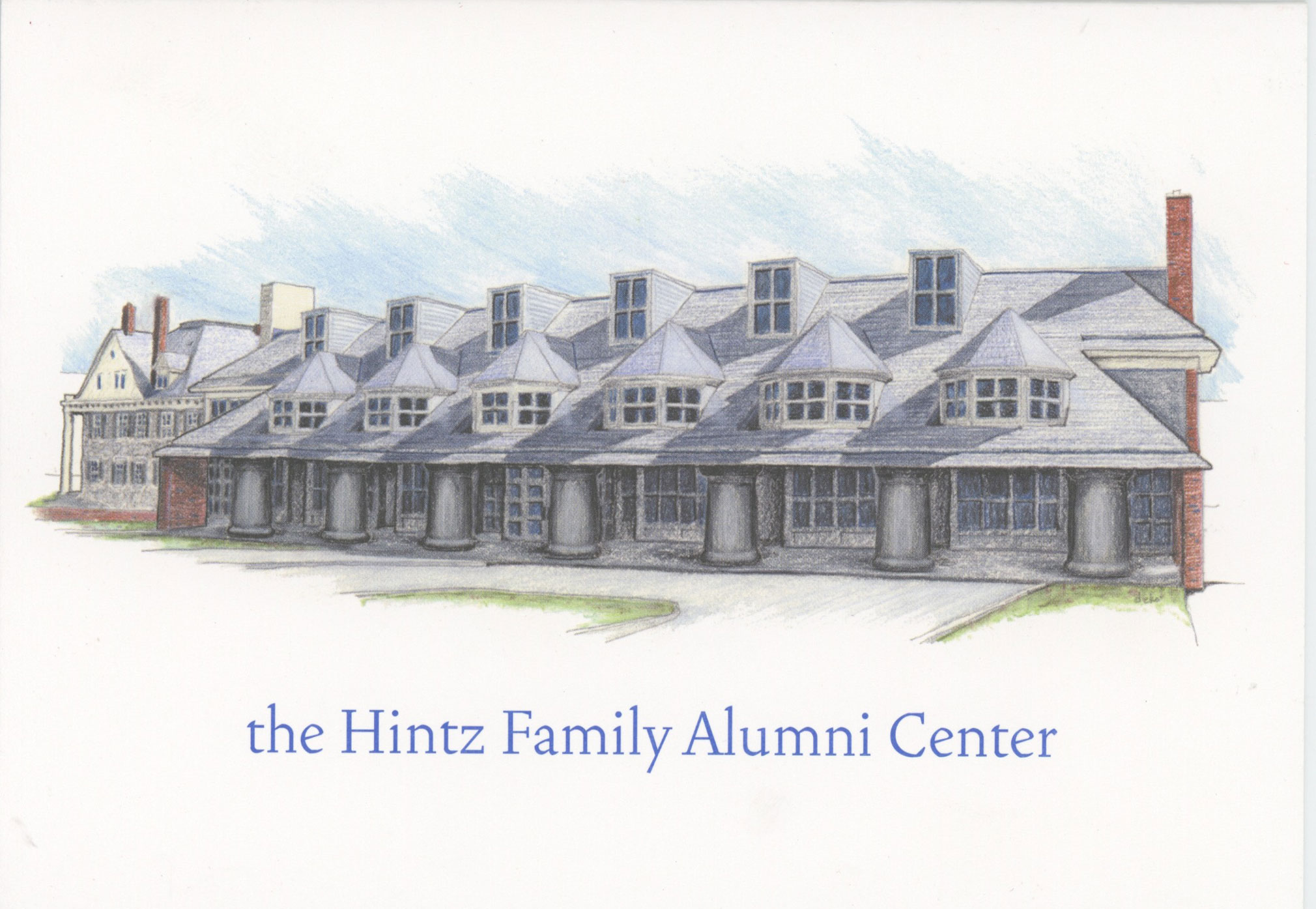 illustration of Hintz Family Alumn Center on commemorative postcard, by PSAA