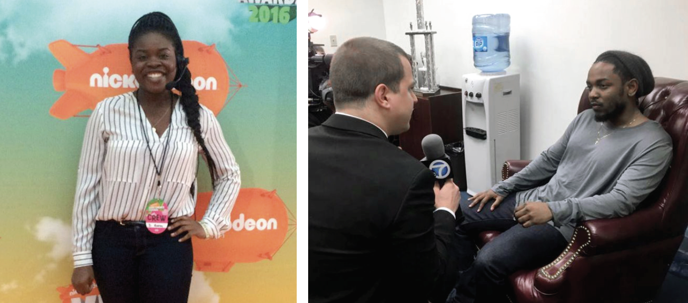 side by side photos of Penn State Hollywood Program students at the Nickelodeon Kids' Choice Awards and talking to Kendrick Lamar, by Penn State Hollywood Program