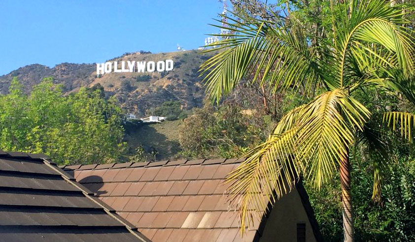 photo of the Hollywood sign above apartment buildings and palm trees by Penn State Hollywood Program
