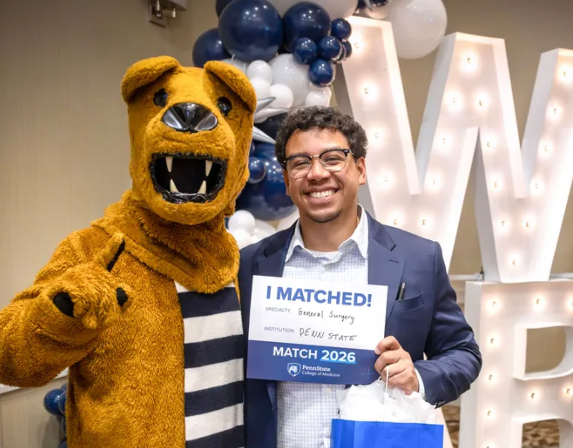 Nittany Lion and med student on Match Day 2026, photo by Penn State College of Medicine