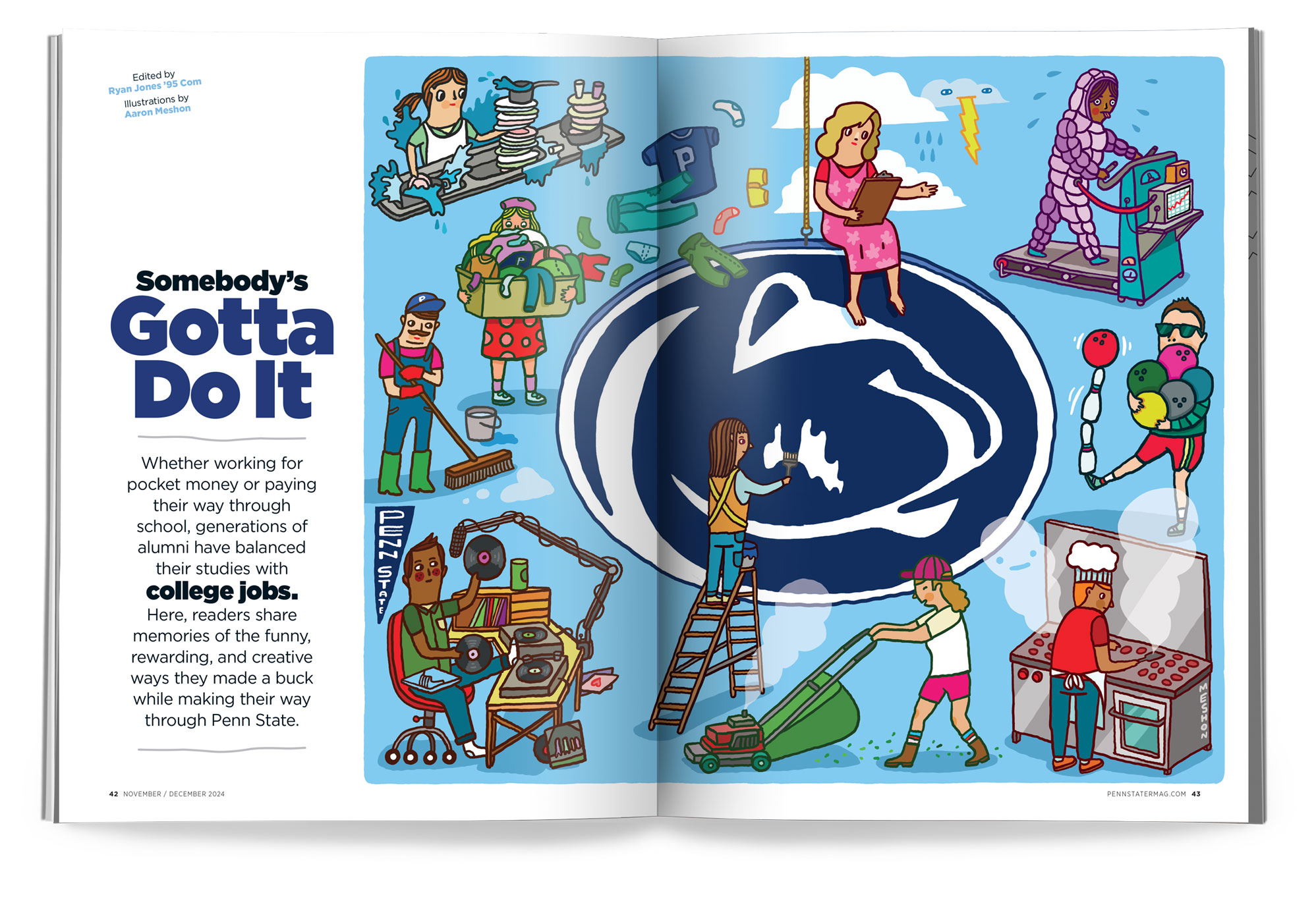 opening spread of somebody's gotta do it feature on alums' college jobs with illustration by Aaron meshon