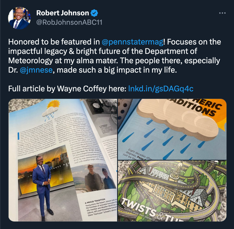 screen grab of Robert Johnson tweet about being honored to be mentioned in the meteorology feature from previous issue, with three photos from that spread