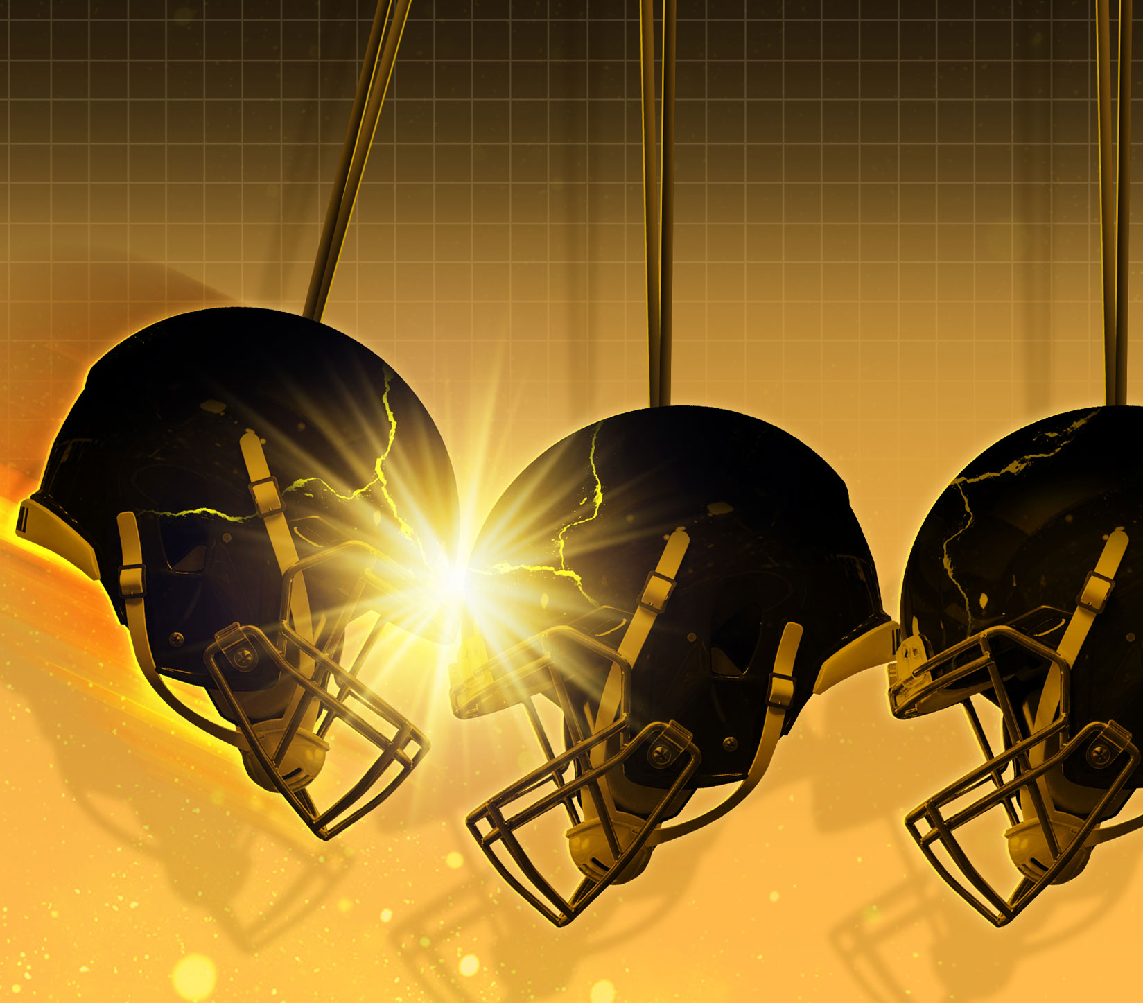 illustration of football helmets colliding and cracking by Taylor Callery