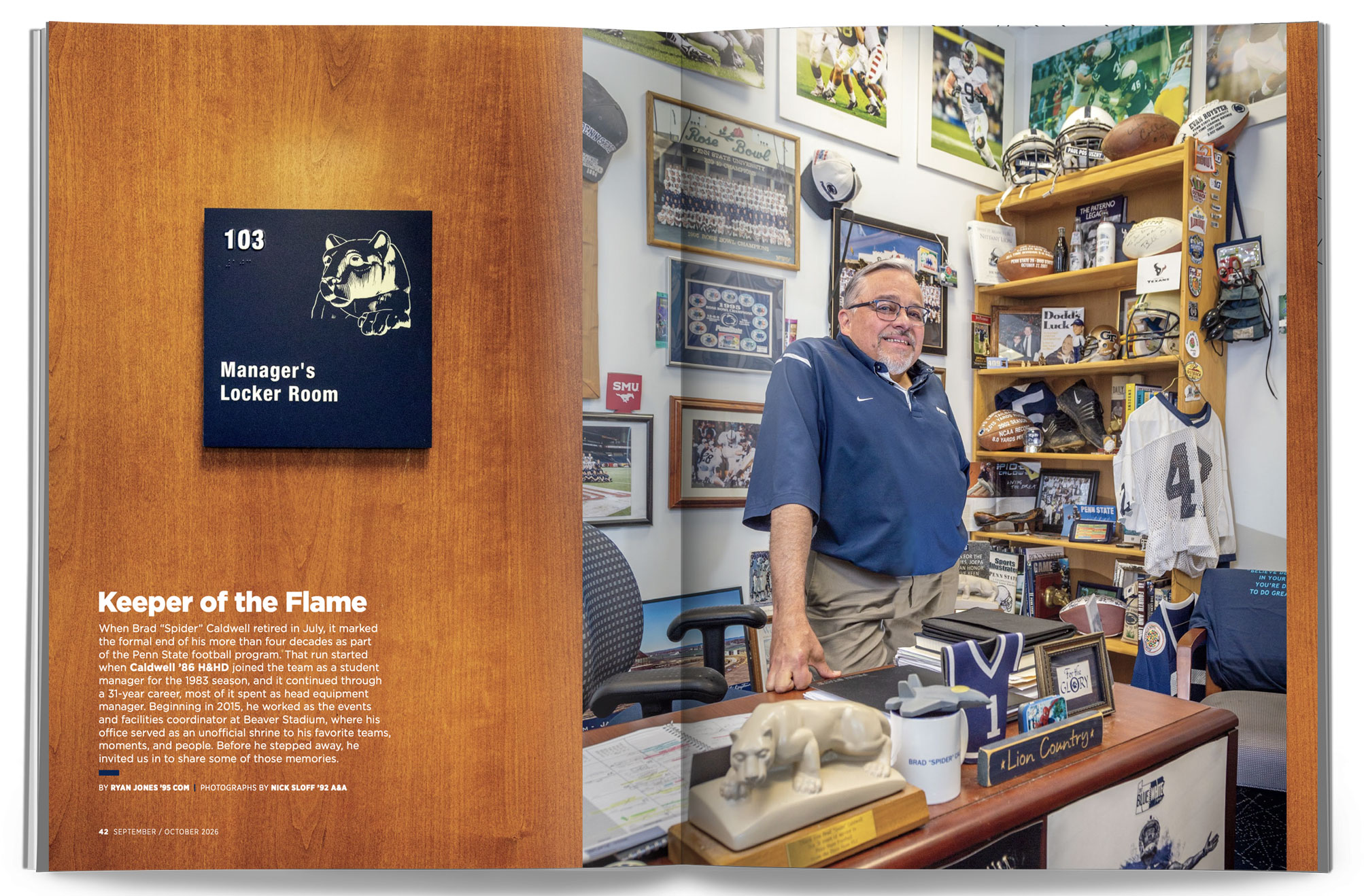opening spread of Keeper of the Flame featuring photo of Spider Caldwell by Nick Sloff '92 A&A