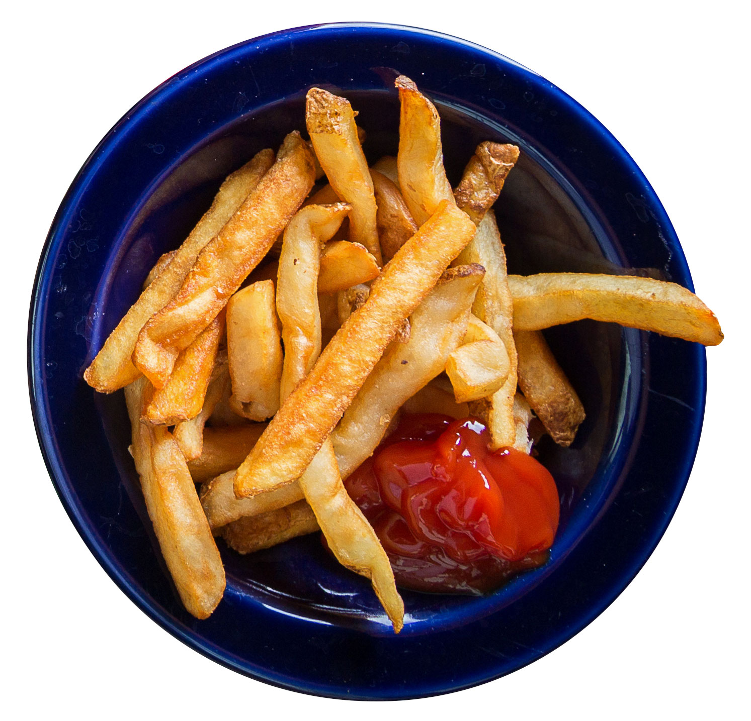 photo of french fries in a blue bowl with ketchup by 