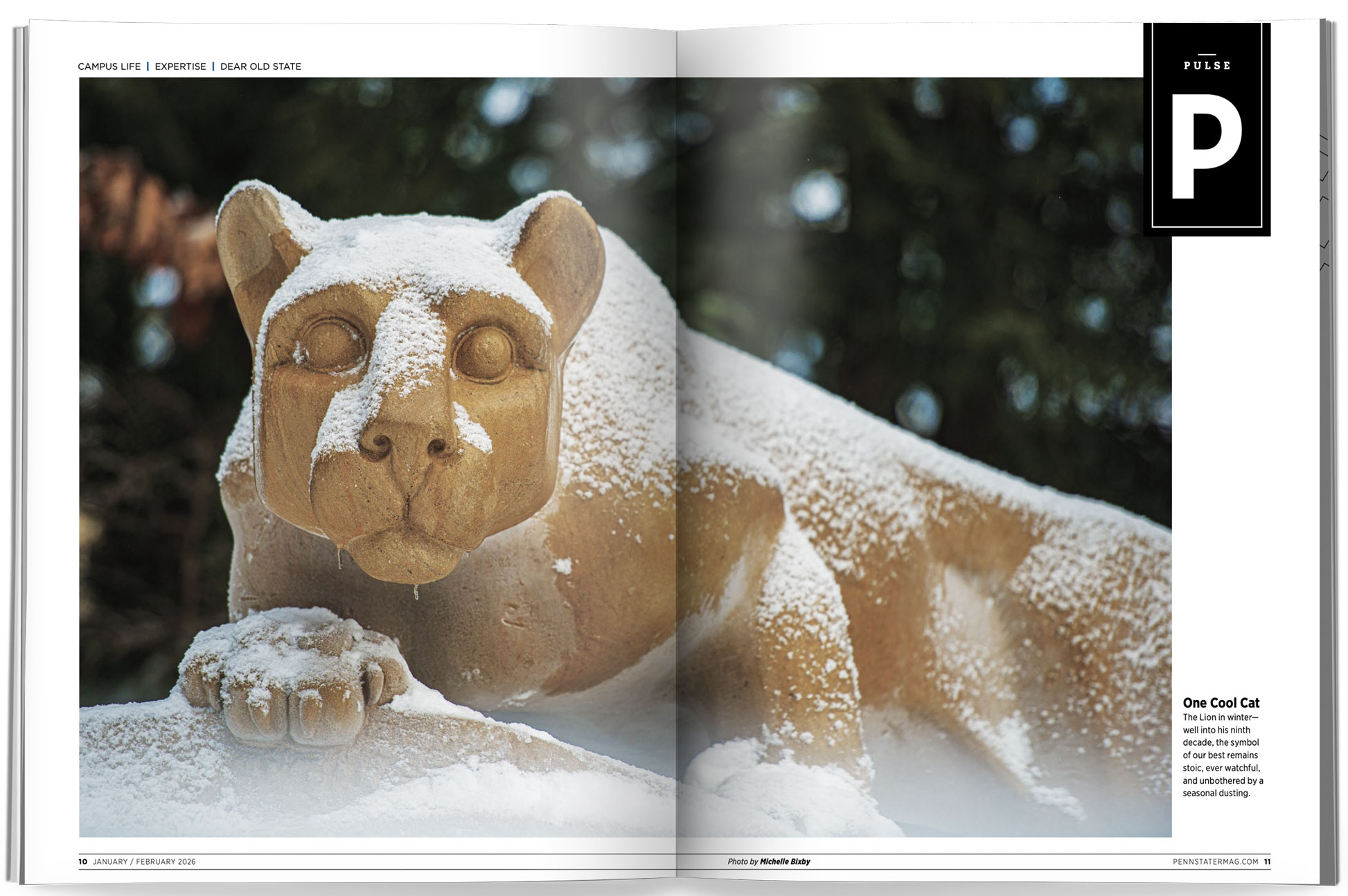 Nittany Lion statue in snow from Jan/Feb '26 issue