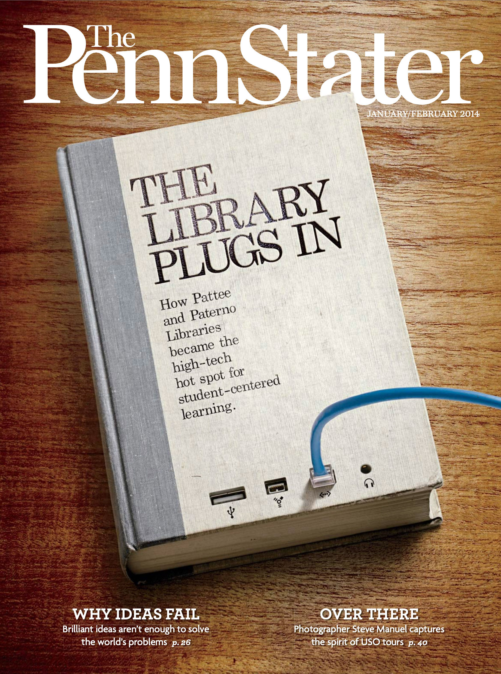 cover of Jan/Feb '14 issue featuring a photo of a book with an ethernet cord plugged into it