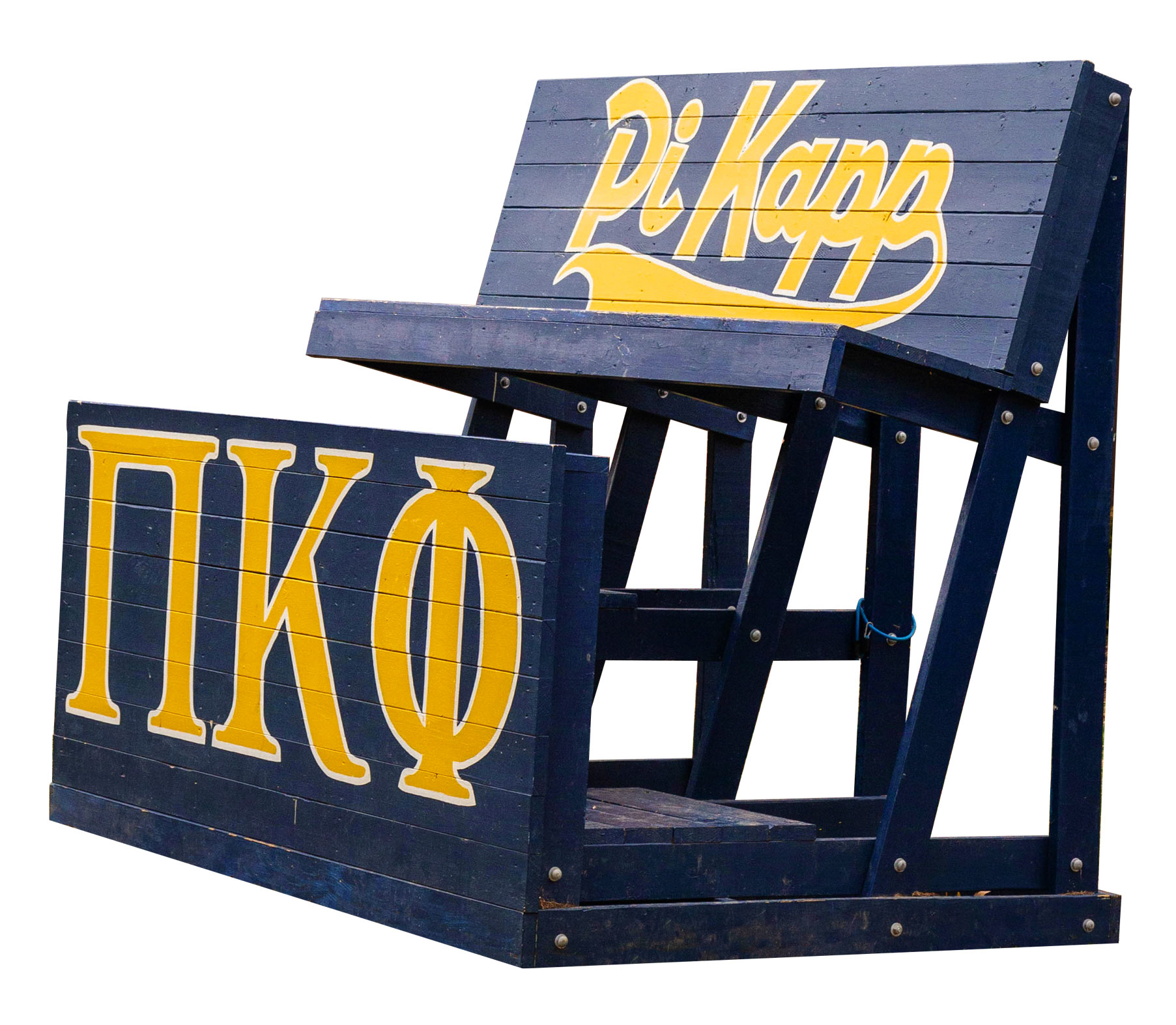 photo of blue wooden chair painted with yellow Greek letters by Nick Sloff '92 A&A