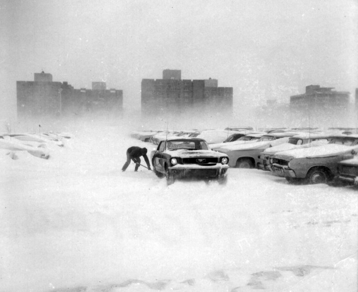 Mustang in snow-covered Lot 80, black and white photo from 1974