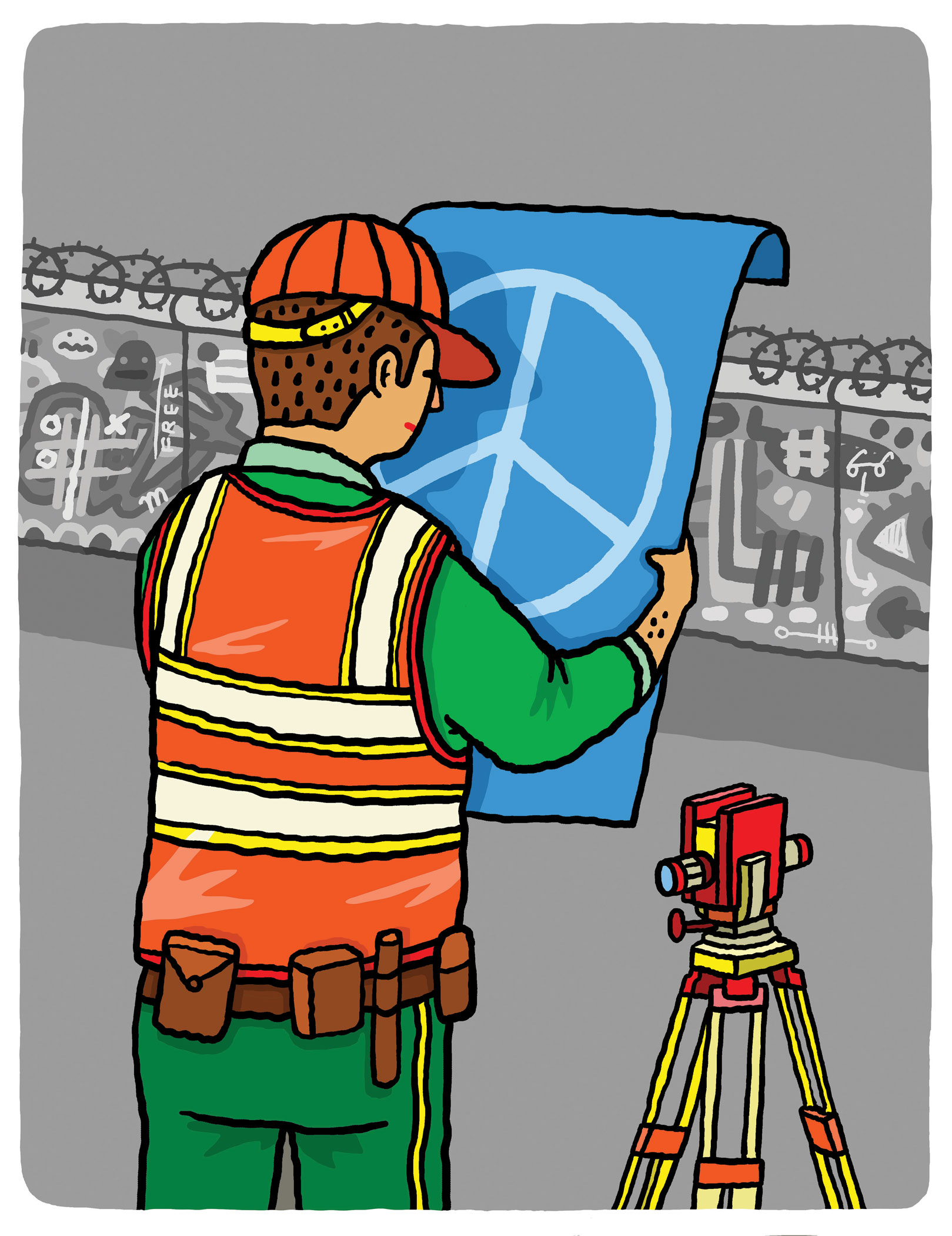 illustration of a male figure examining a blue document with a peace sign on it beside a camera, by Aaron Meshon