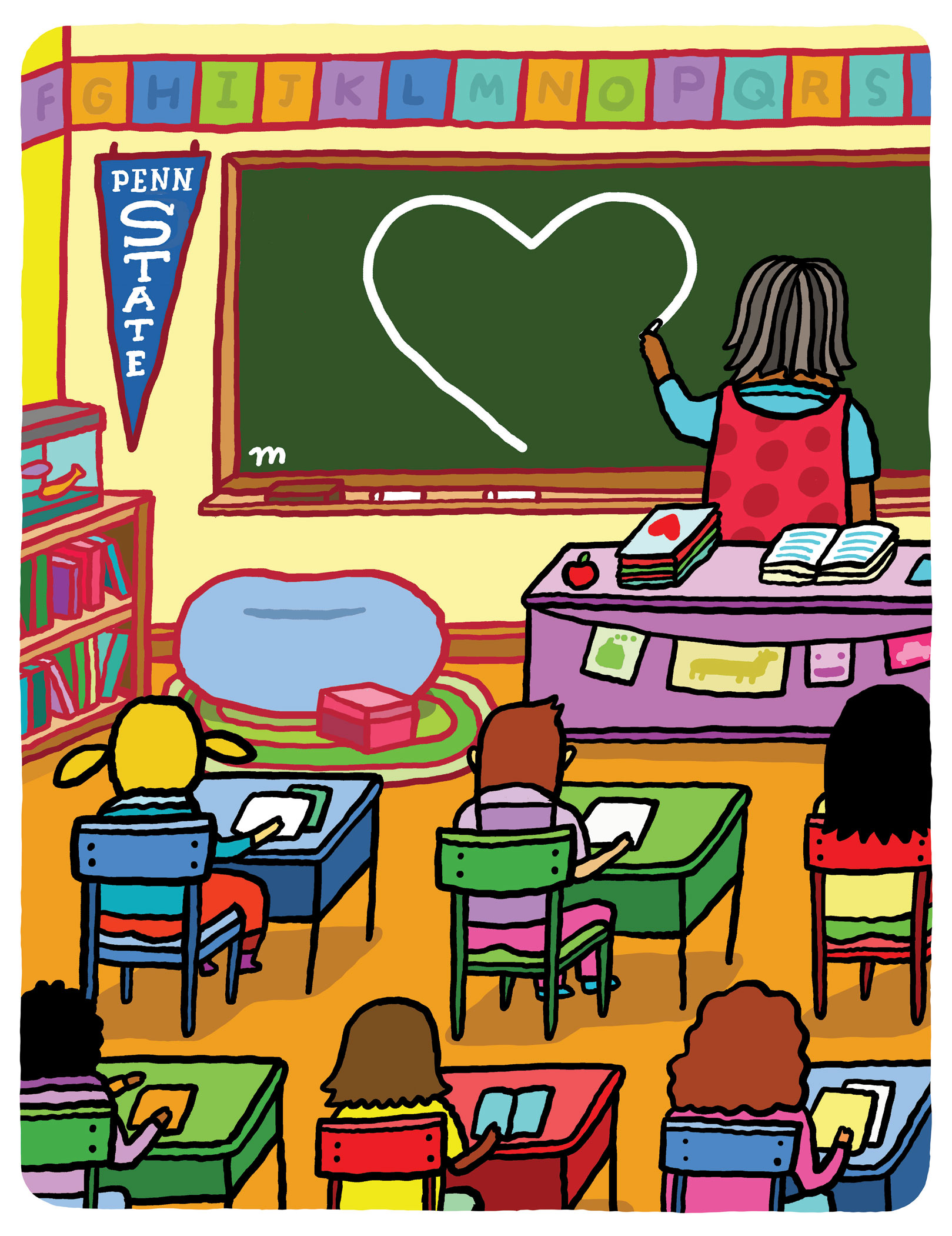 illustration of a teacher in a classroom drawing a heart on a chalkboard in front of small children sitting at desks, by Aaron Meshon