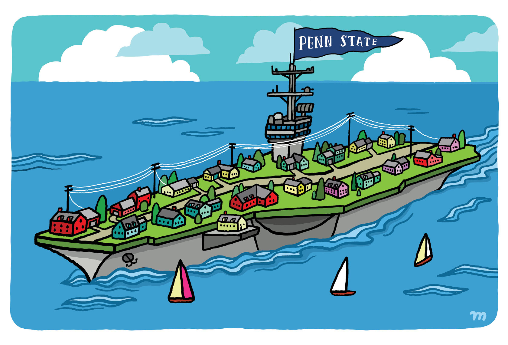 illustration of a Navy cruise ship with grass and houses on the deck and a blue Penn State flag flying on the mast, by Aaron Meshon