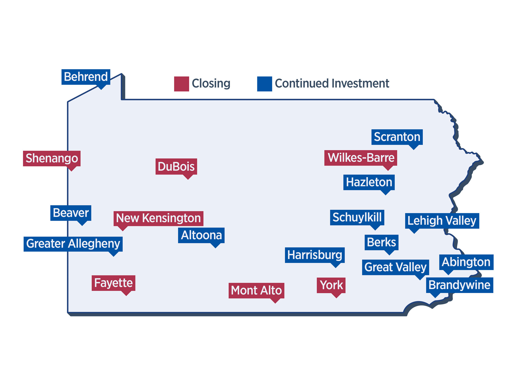 map of Pennsylvania marking Commonwealth campuses that are closing in red and those that will receive continued investments in blue by Nick Sloff '92 A&A