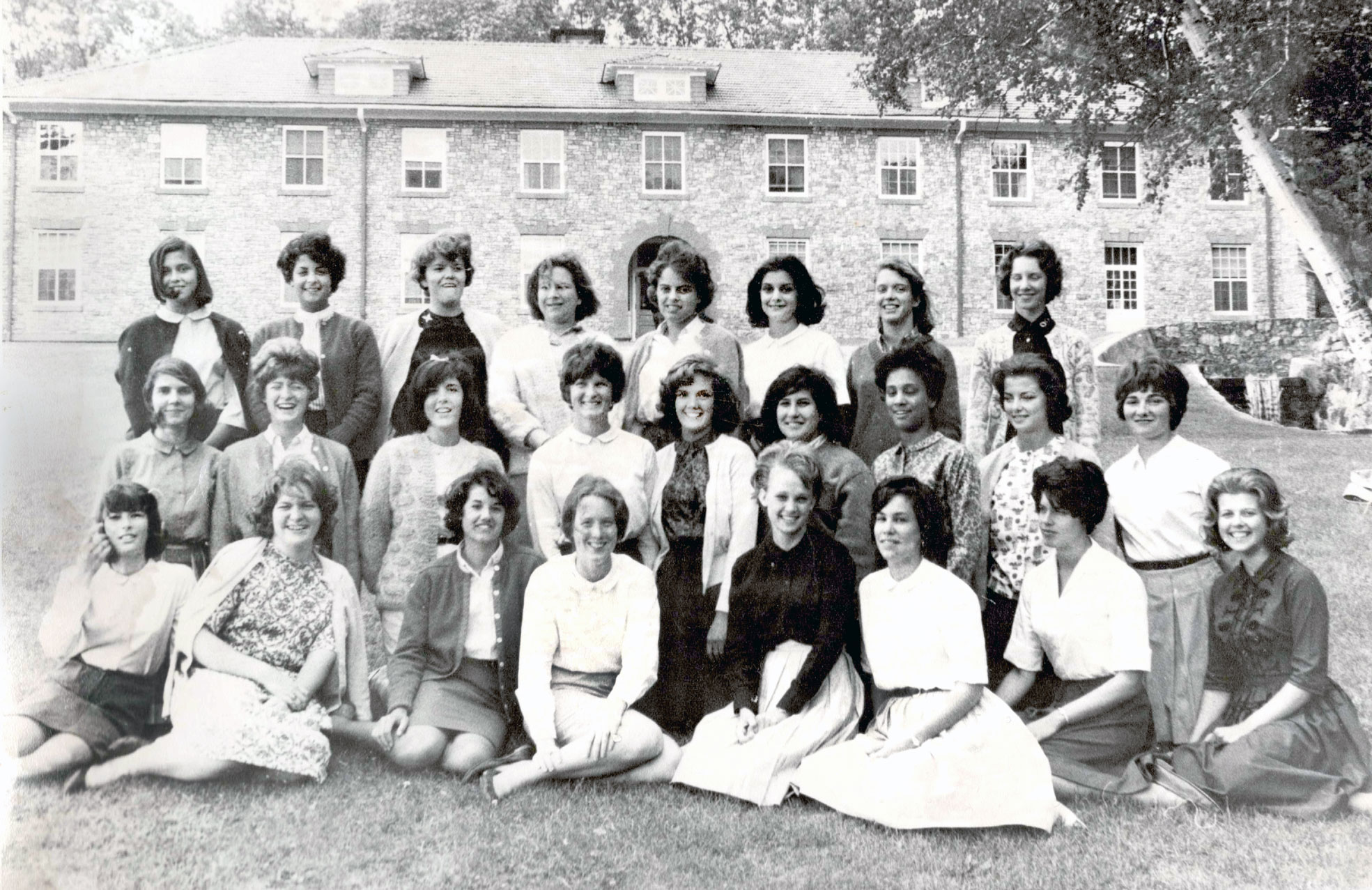 black and white submitted photo of women in front of a Mont Alto dorm in spring 1964, submitted