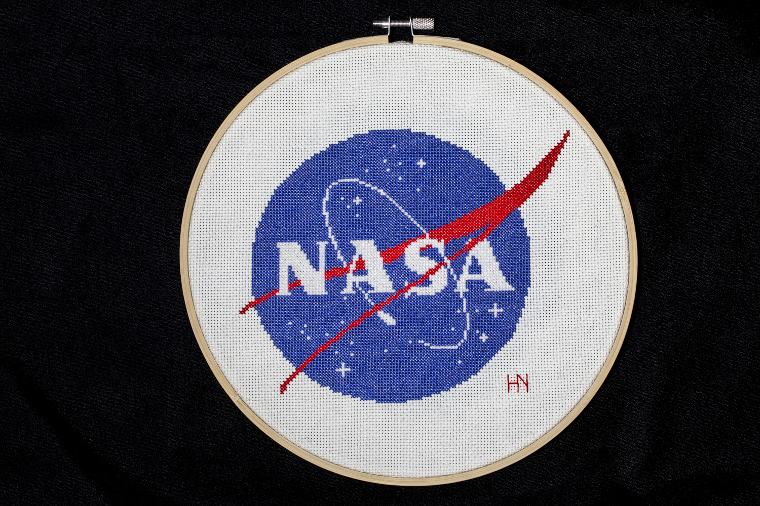 needlepoint of NASA logo, photo by Steve Boyle
