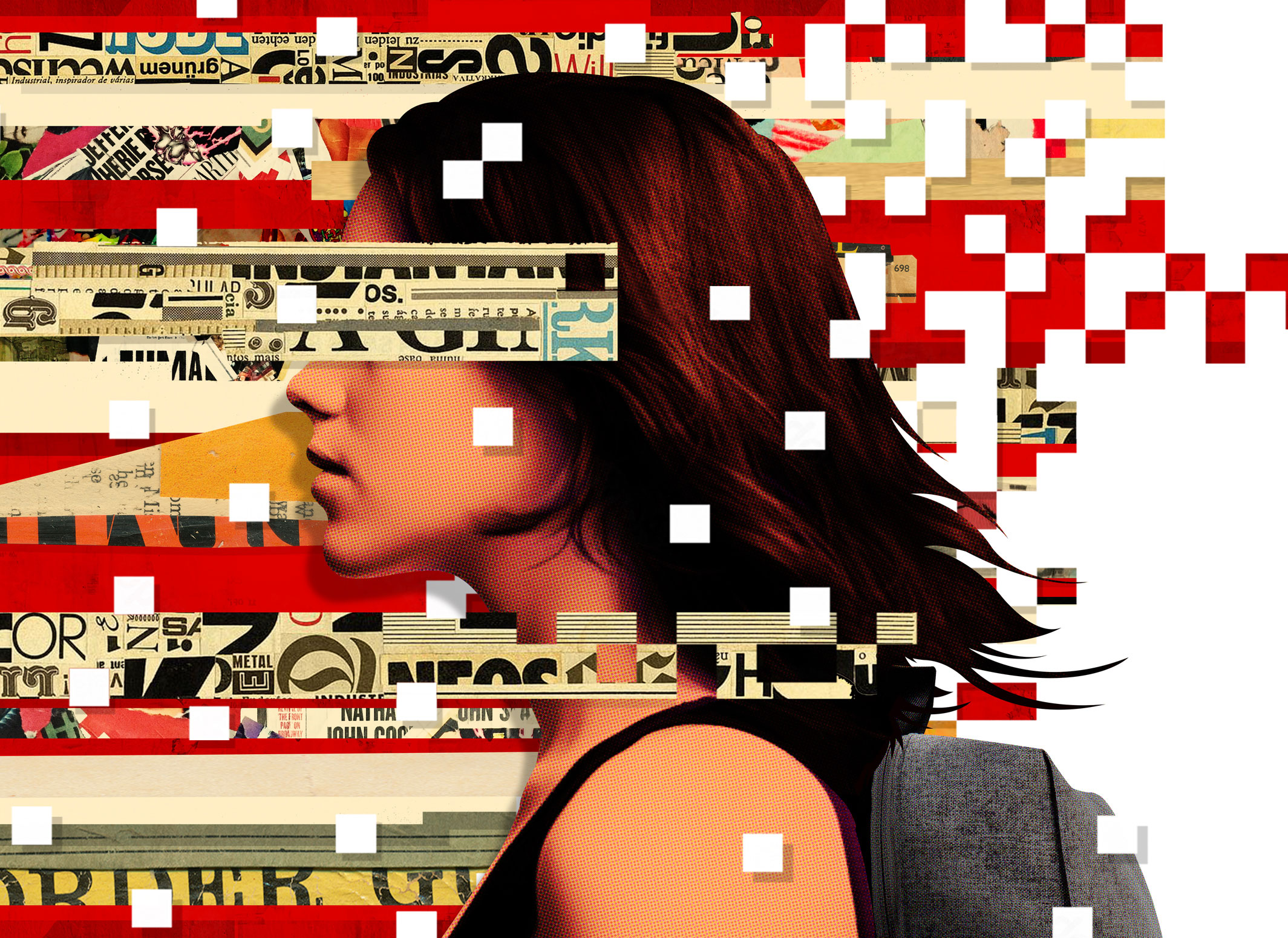 illustration of a woman's profile with snippets of newspaper headlines around and over her by Taylor Callery