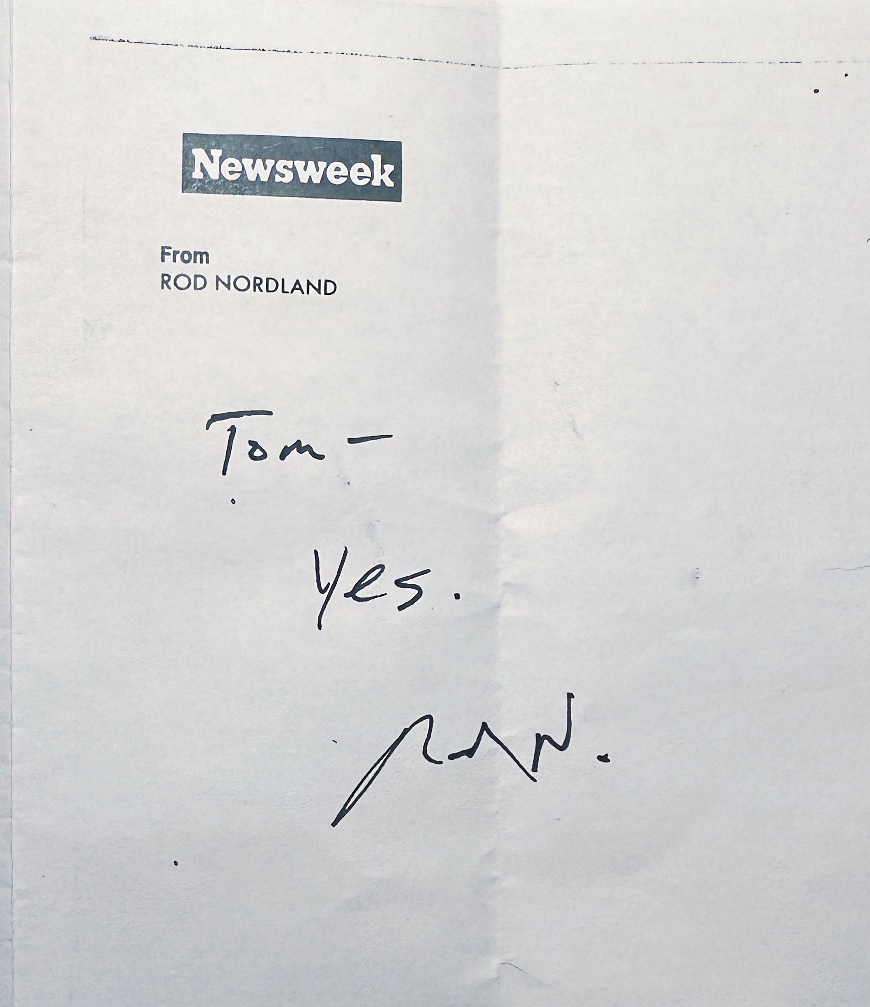 note from Rod Nordland on Newsweek letterhead, photo courtesy
