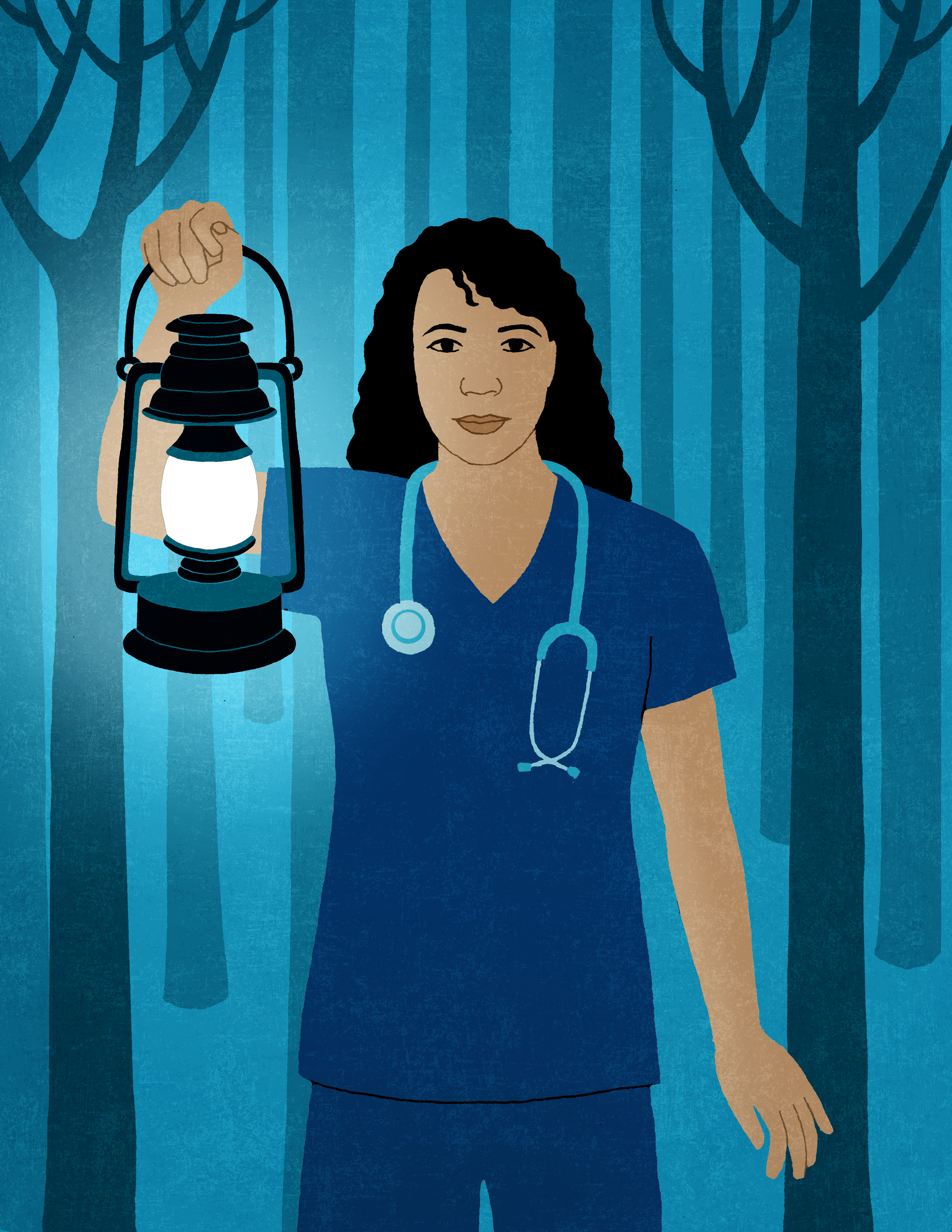 illustration of a nurse holding a lantern and walking out of the woods by James Steinberg
