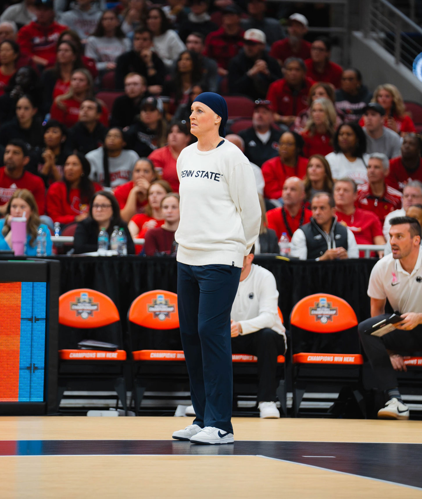 Nittany Lion women's volleyball coach Katie Schumacher-Cawley looks on during game in Louisville, photo by Penn State Athletics