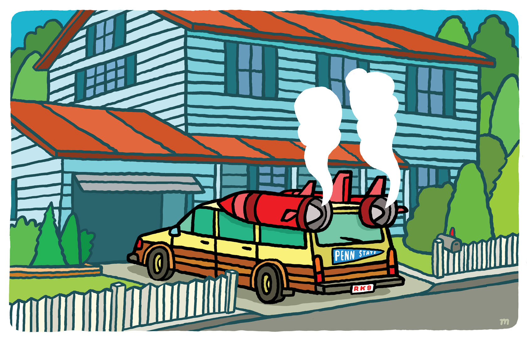 illustration of a car with smoking rockets attached parked in front of a house, by Aaron Meshon