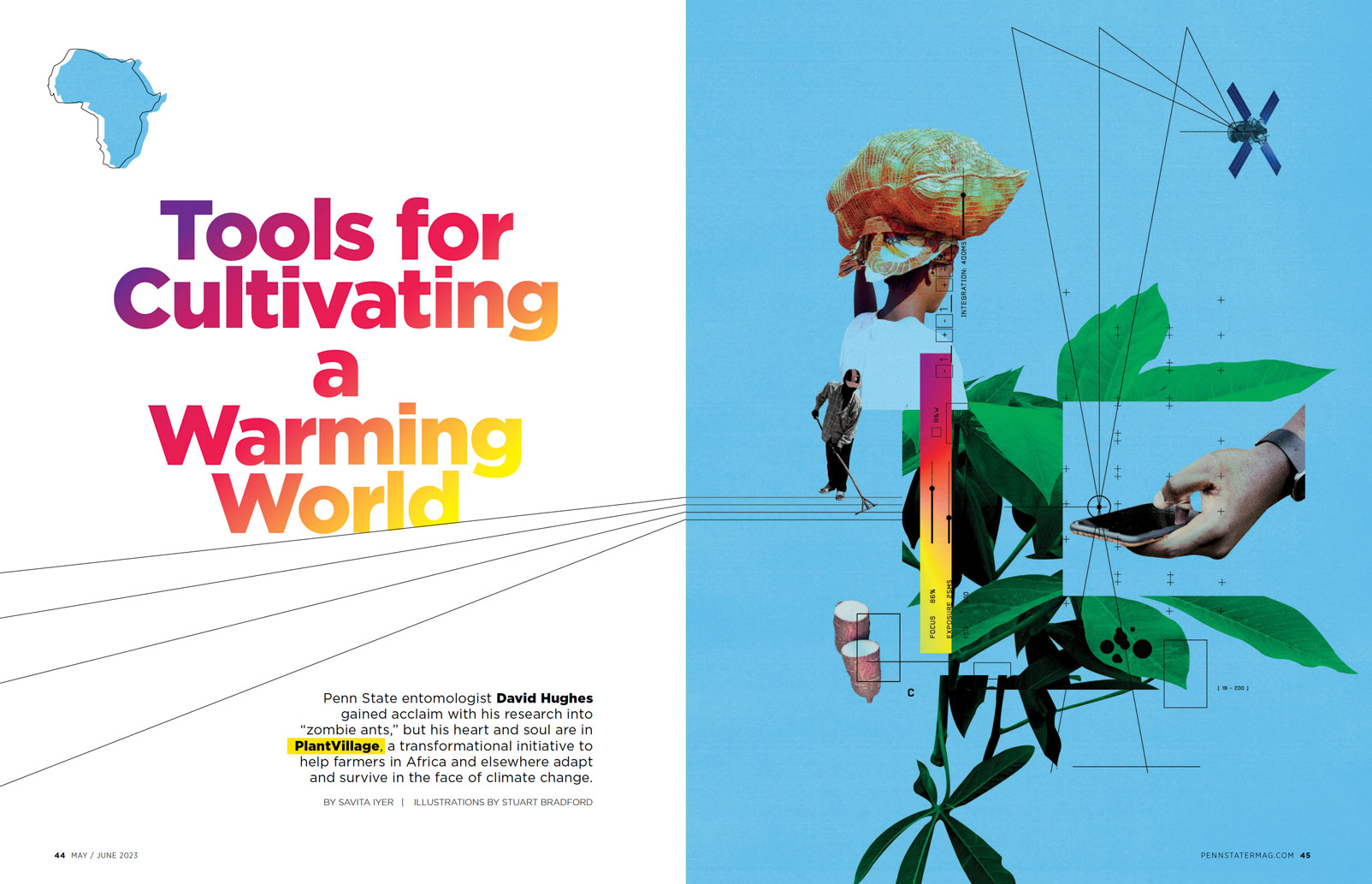 spread opener of "Tools for Cultivating a Warming World" feature on David Hughes and PlantVillage