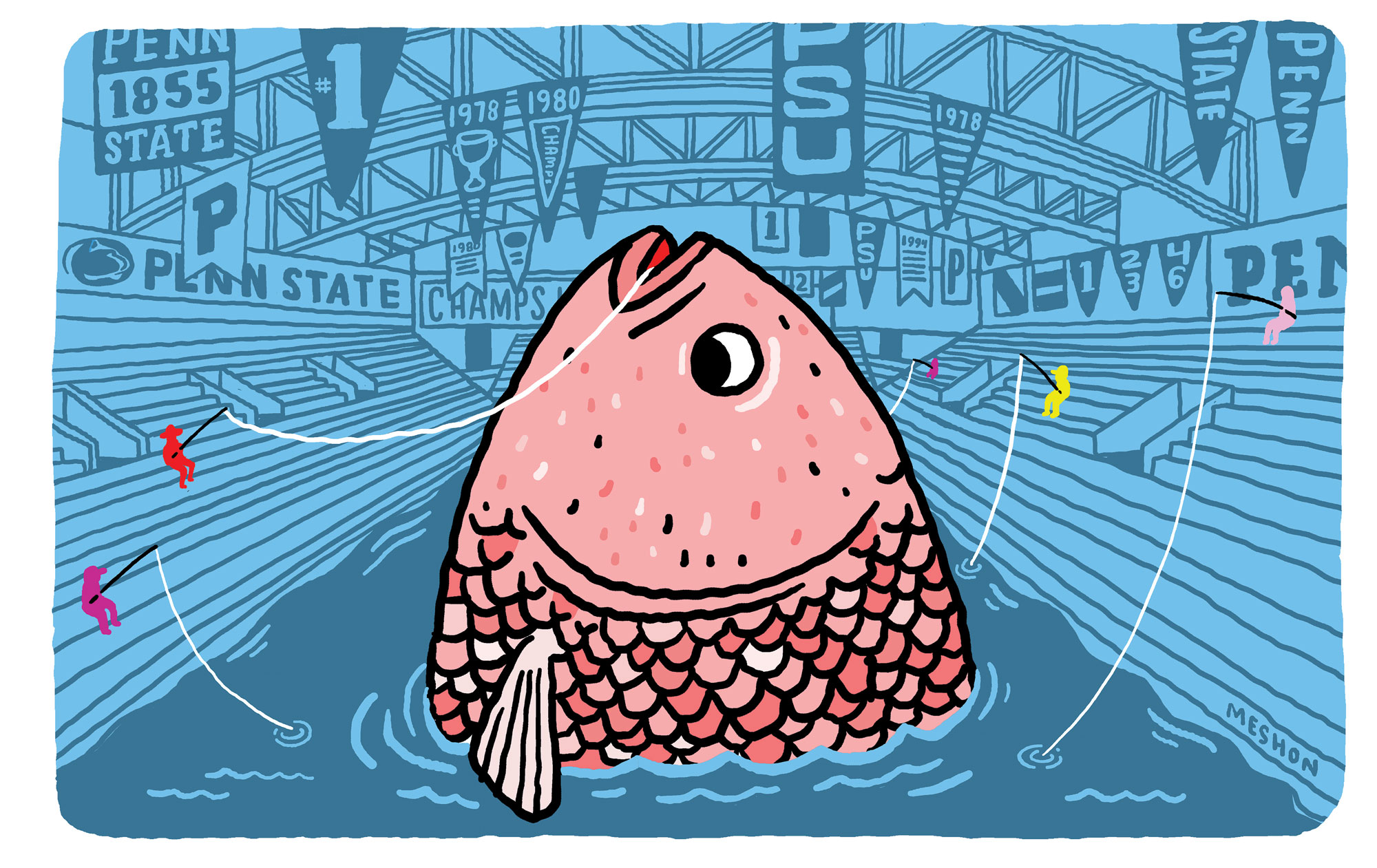 illustration of a fish poking its head out of water on the floor of Rec Hall by Aaron Meshon