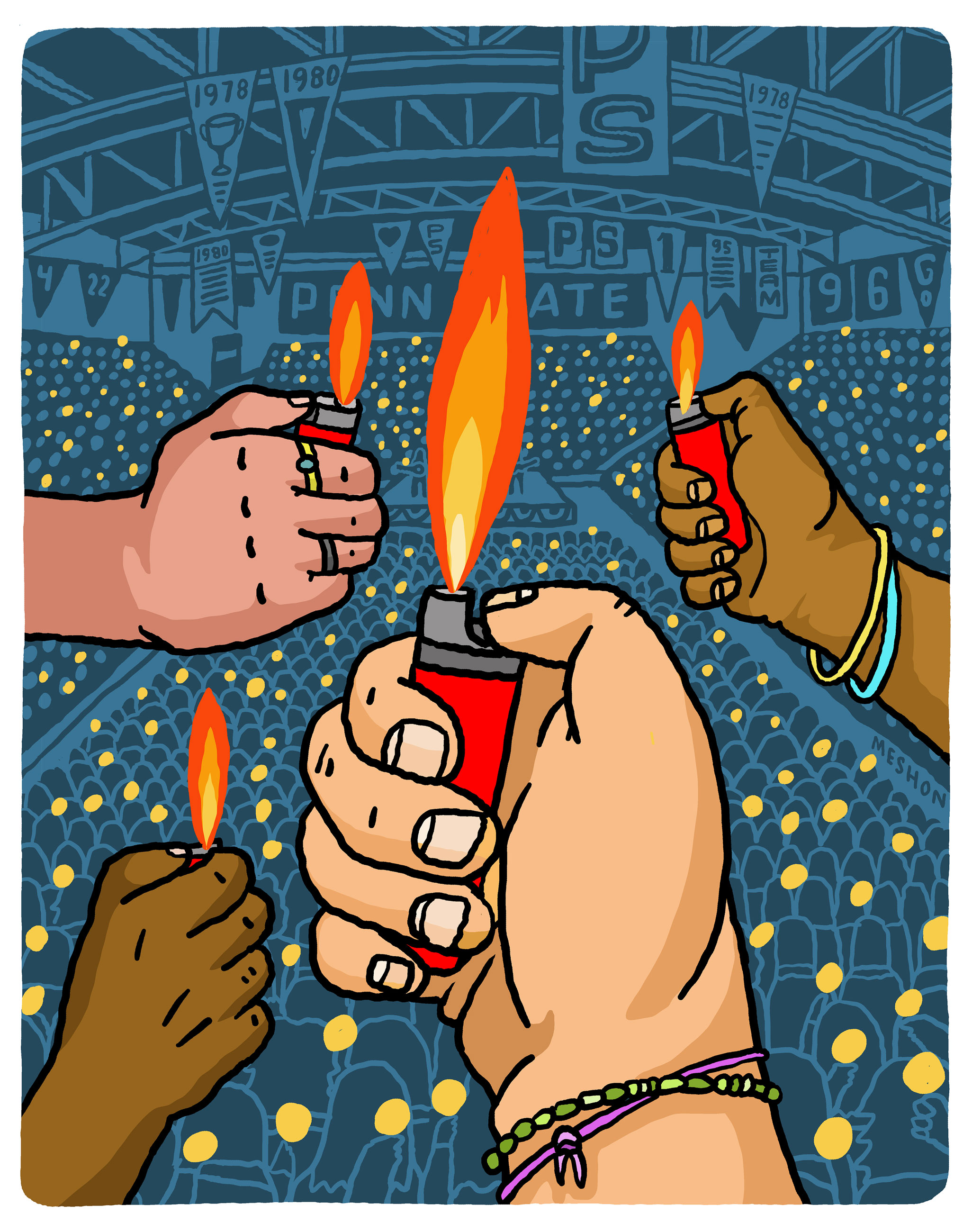 illustration of hands holding up lit lighters during a Rec Hall concert by Aaron Meshon