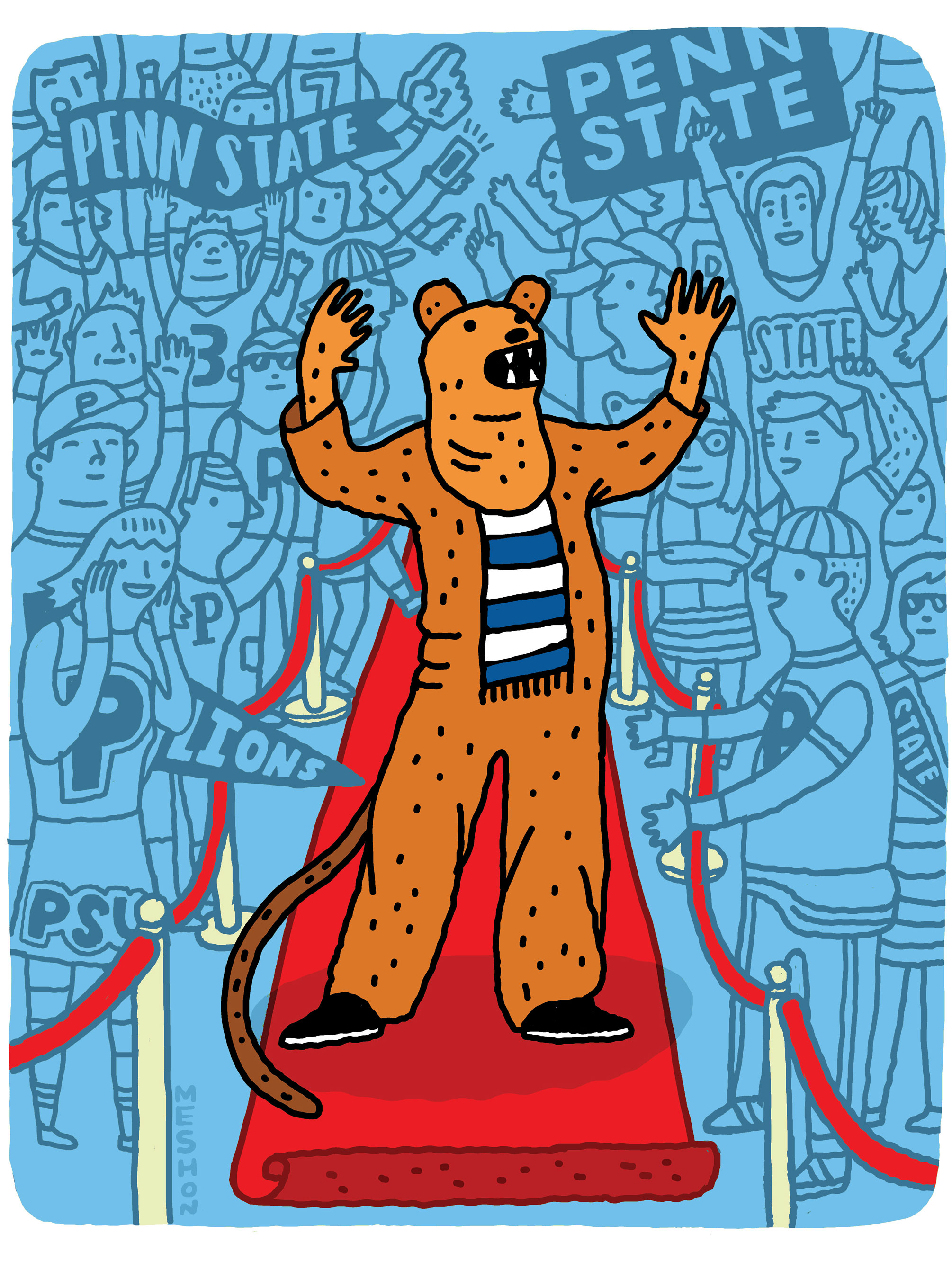 illustration of Nittany Lion mascot on a red carpet at Rec Hall by Aaron Meshon