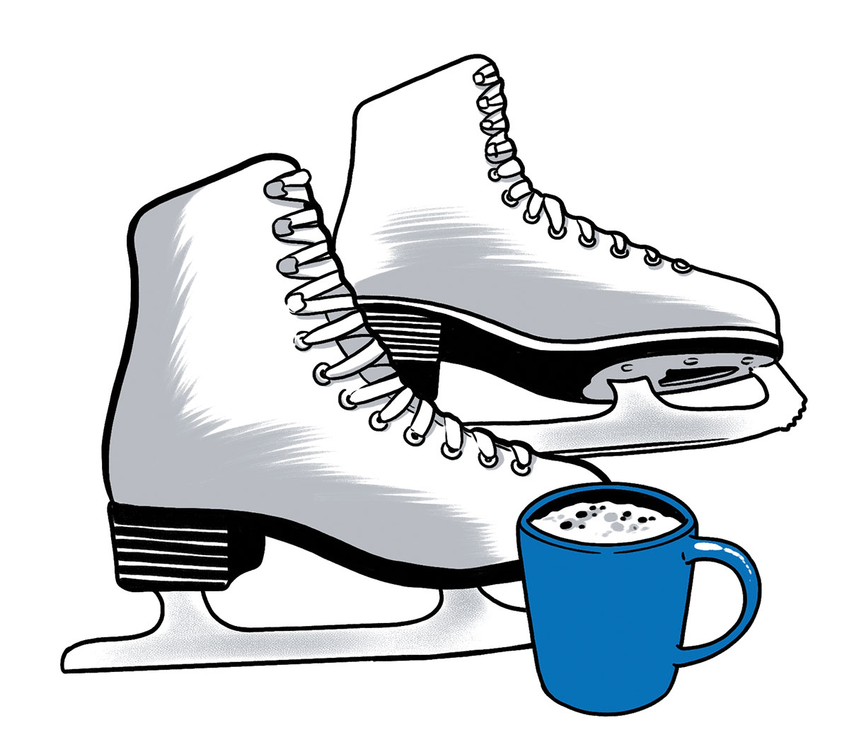illustration of ice skates and cocoa mug by Joel Kimmel