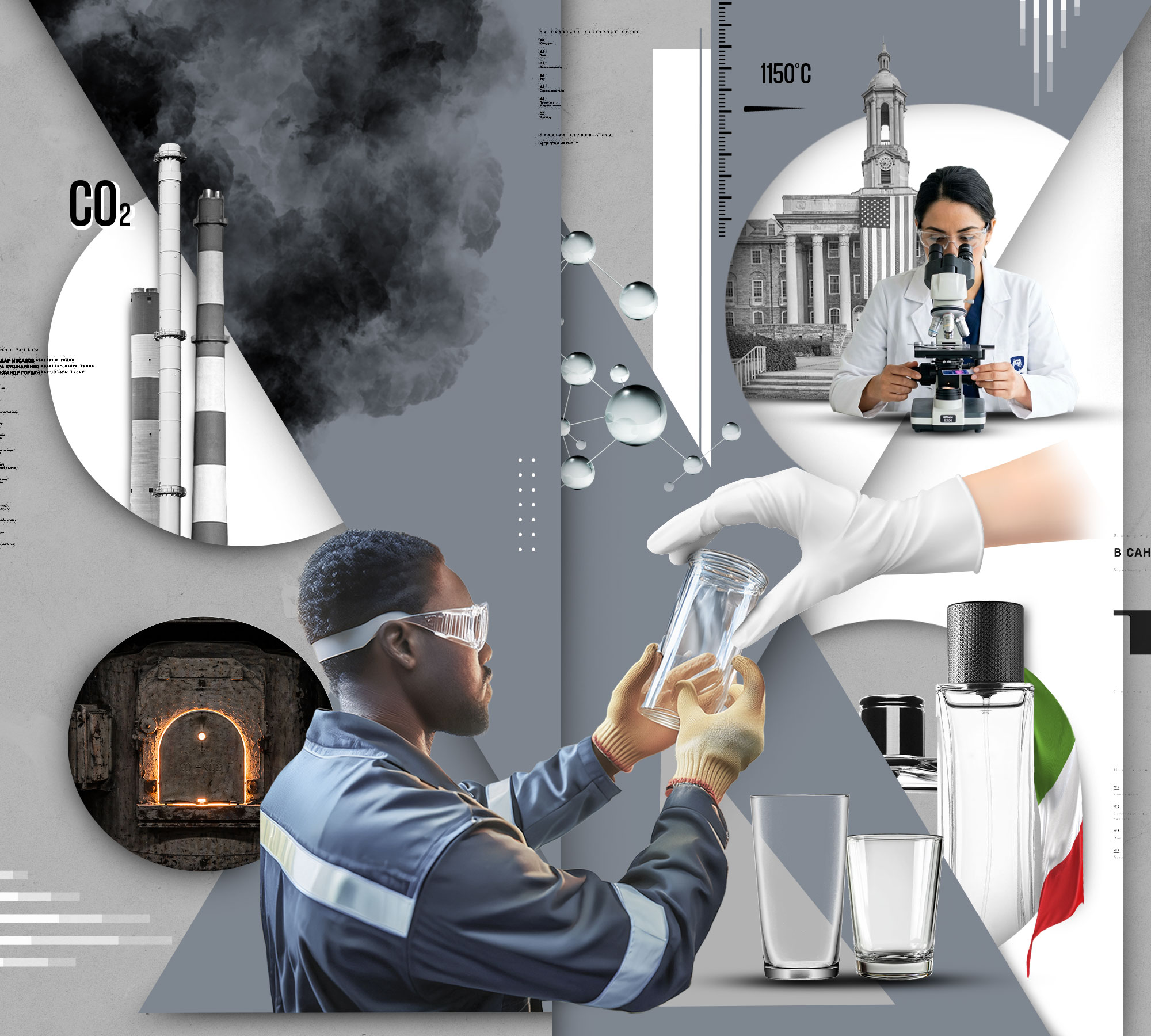 conceptual illustration of scientists holding glass containers and using microscopes amid other glassmaking-related images, by Nadia Radic