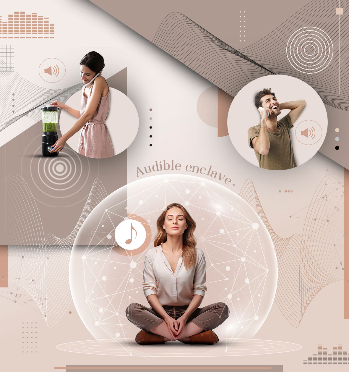conceptual illustration of people talking on the phone or listening to music with volume and music icons by Nadia Radic