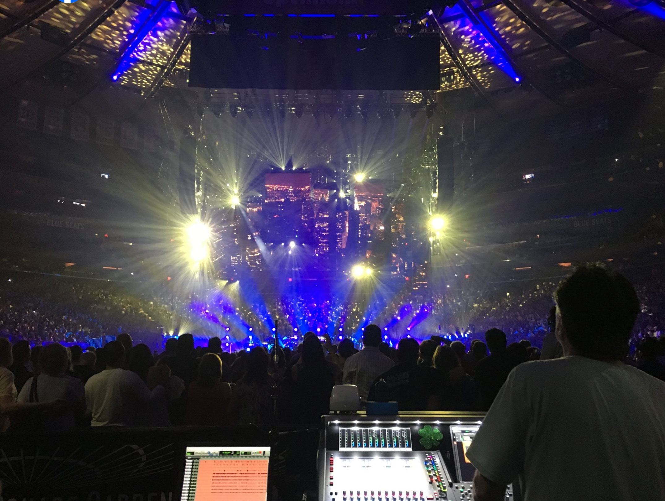 color photo of sound board view of stage for Billy Joel show in Madison Square Garden, courtesy Clair Global
