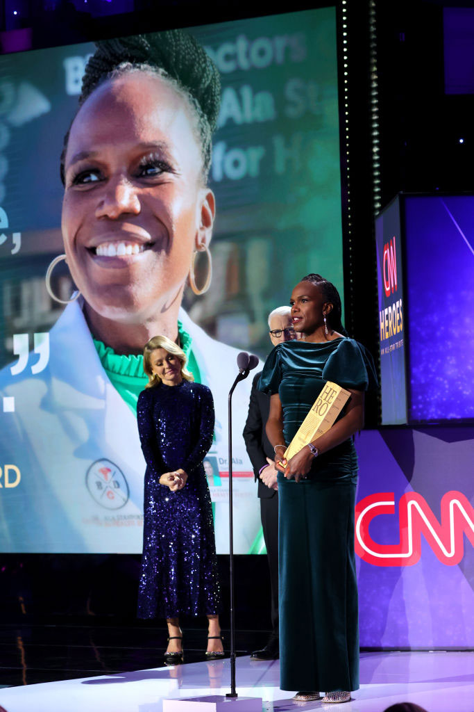 Dr. Ala Sanford on stage being awarded the 2021 CNN Heroes Award, photo by Getty Images/Mike Coppola