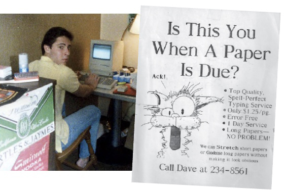 side by side photos of student in front of an Apple Mac desktop and an advertisement for paper typing services, courtesy