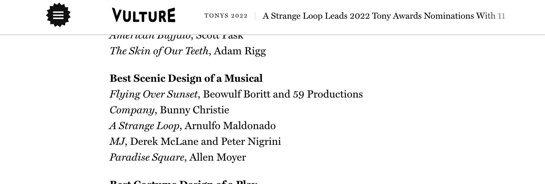 Screenshot of Tony nominations