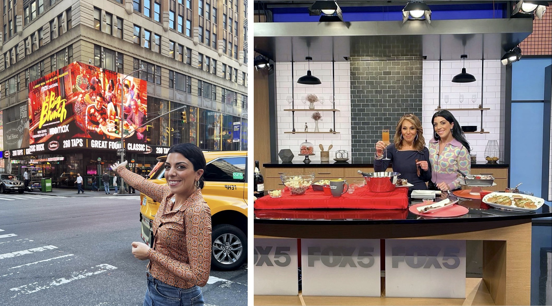two photos side by side, left is Sepoy pointing on NYC street corner pointing to large display for The Big Brunch, right is Sepsy with host during filming of an episode of Good Day New York, courtesy