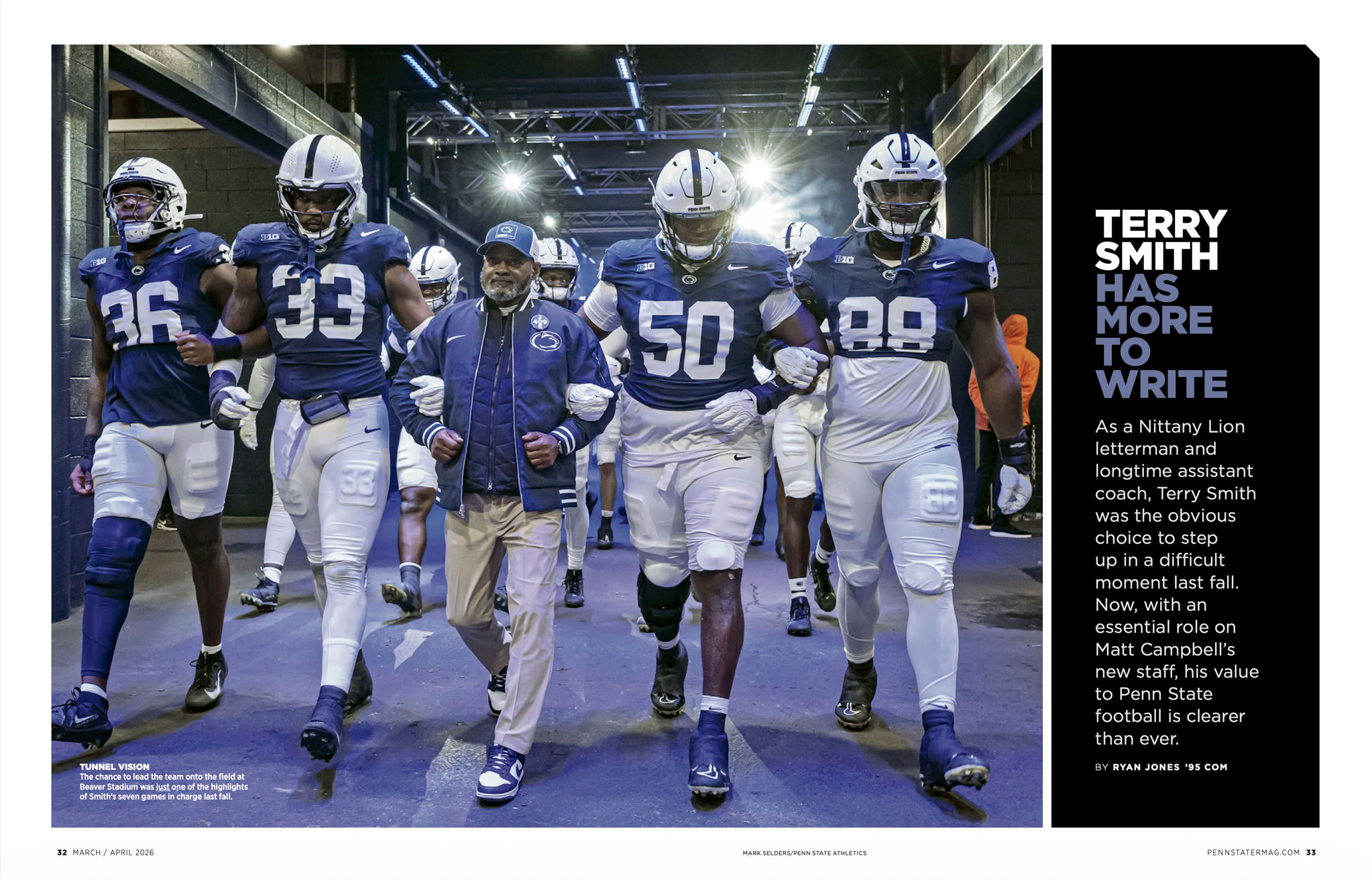 spread of March/April '26 feature on Terry Smith with photo of Smith and football players by Mark Selders/Penn State Athletics
