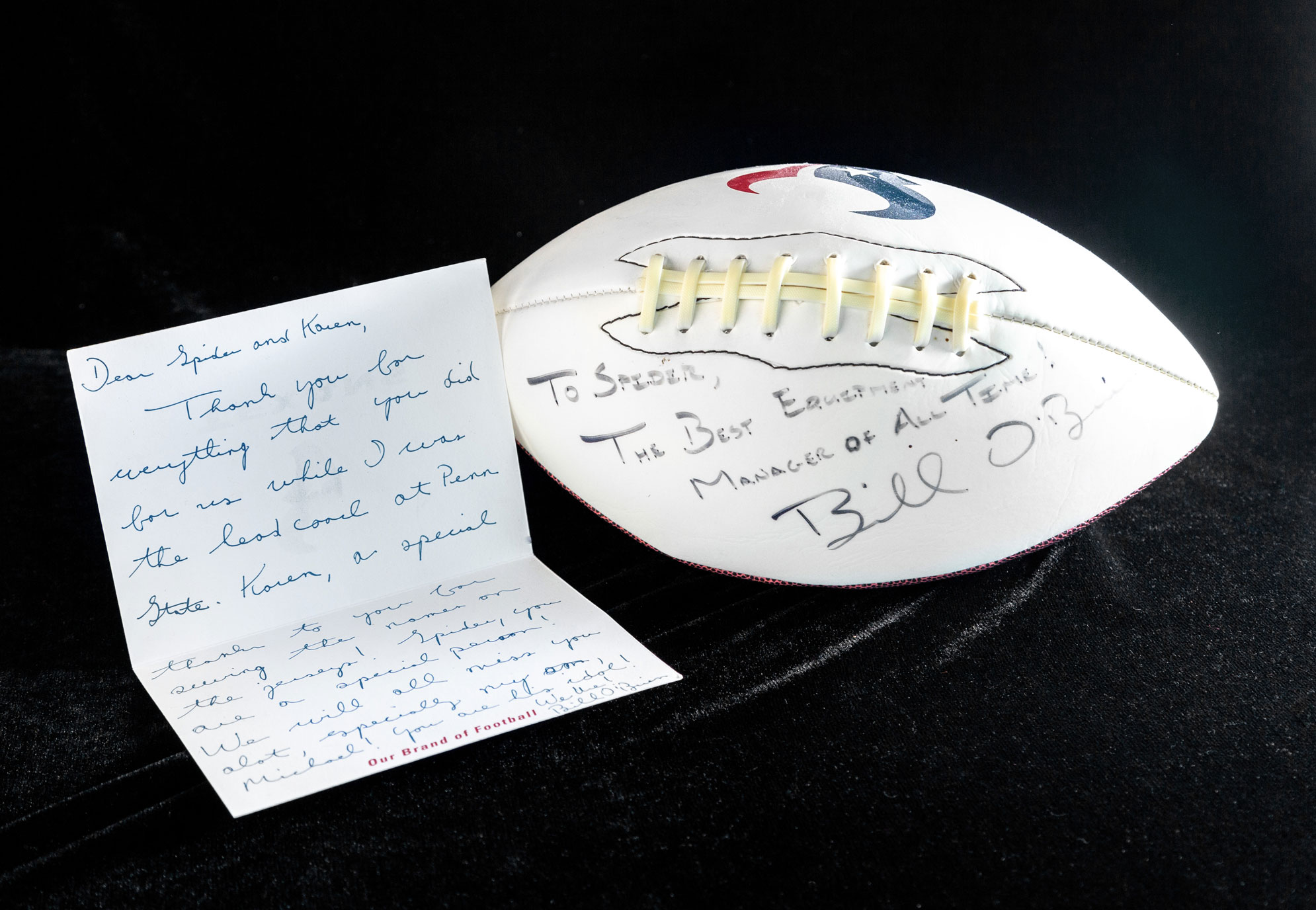 photo of a note and signed football to Caldwell from O'Brien by Nick Sloff '92 A&A
