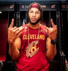 Lamar Stevens in Cavs uniform sporting large gold C chain, via @Cavs on Twitter